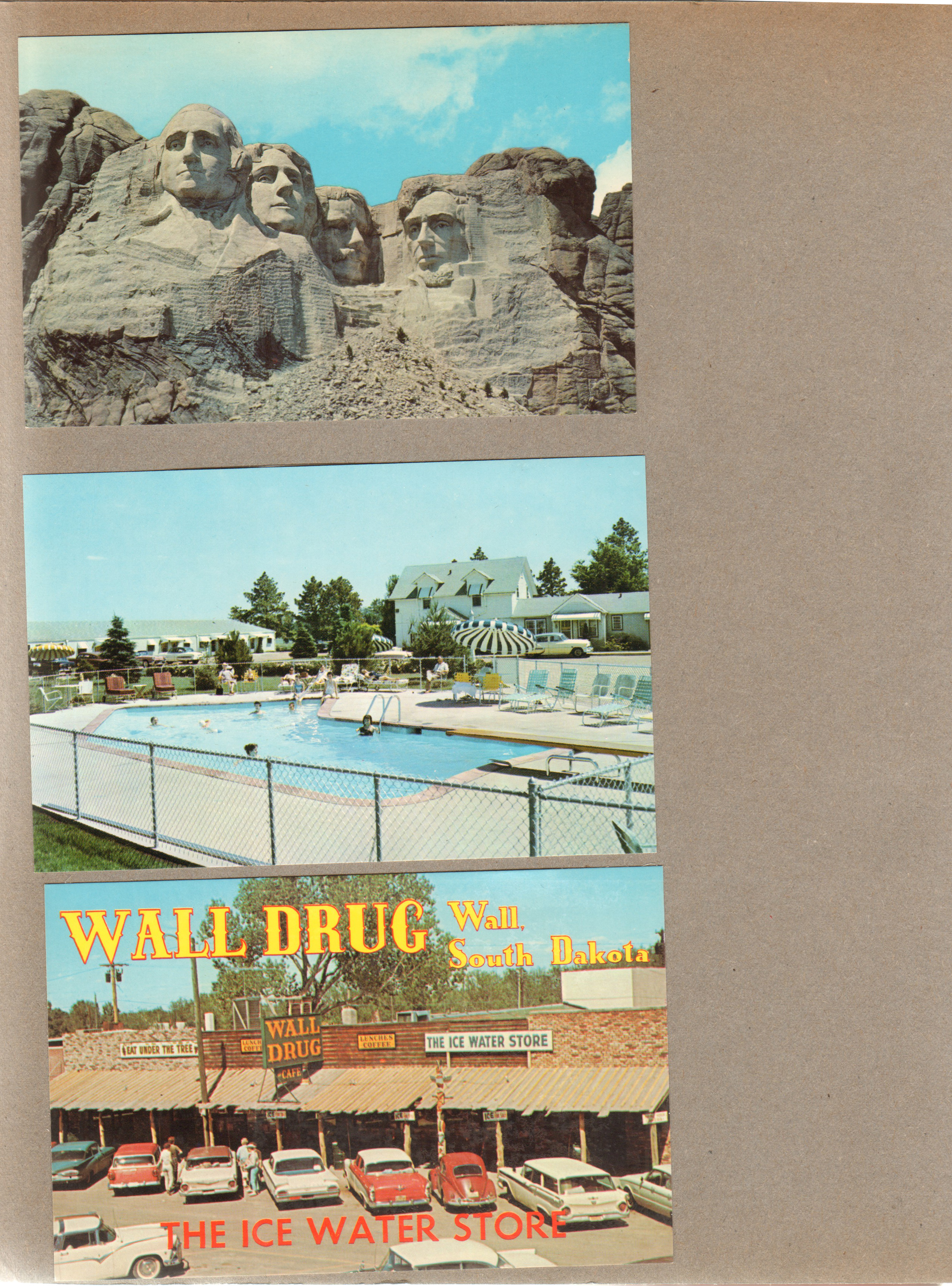 postcard Mount Rushmore. postcard Pine Crest Motel Sioux Falls SD. postcard Wall Drug SD - The Ice Water Store. 