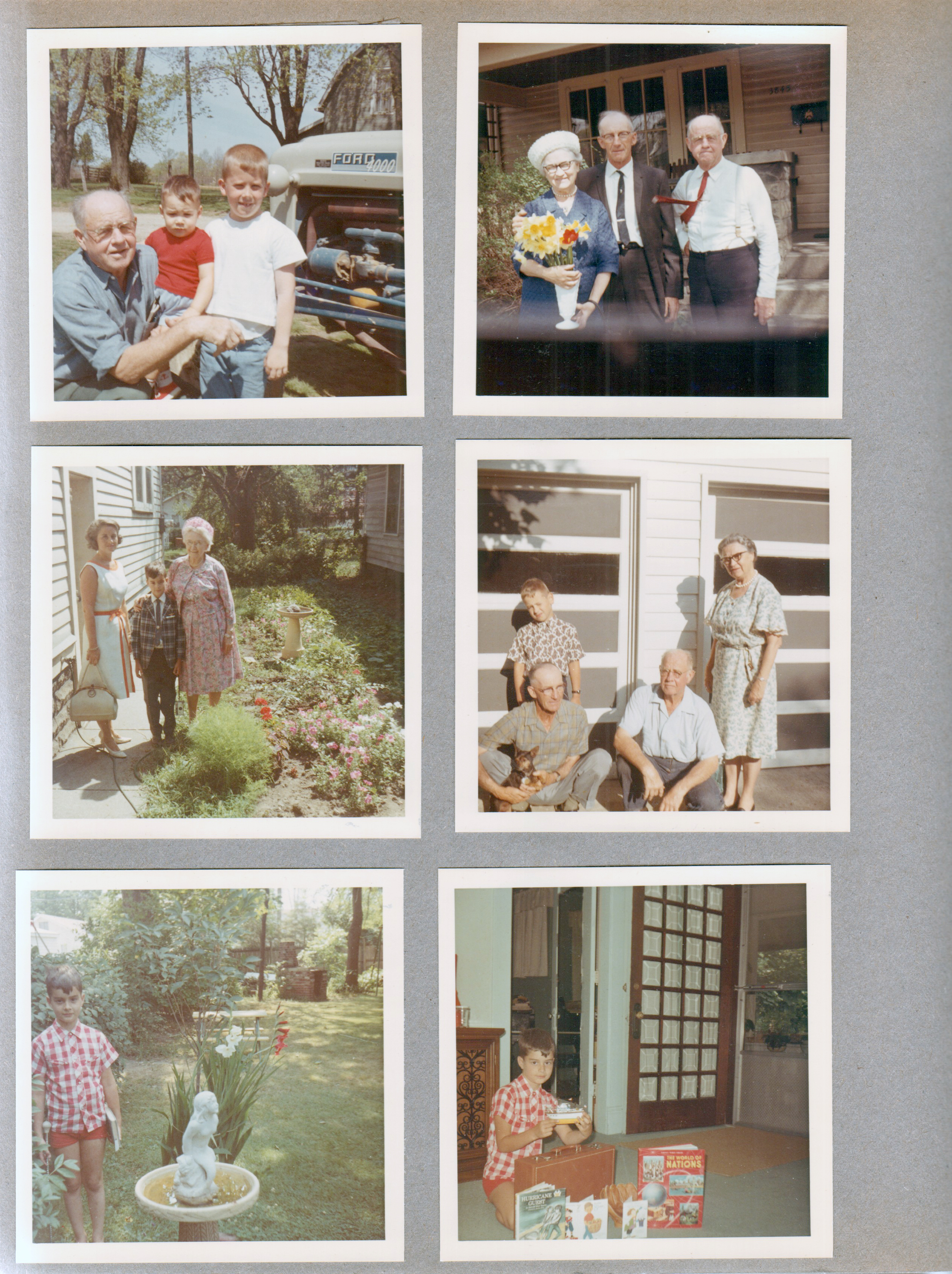 Curt, Kenny and Ronnie Letsinger on farm by tractor. Florence Claud Curt at 3845 Capitol. Rosemary Alan Vonnie at 3845. Bryan Edelman, Claud Harrell, Curt Letsinger, Florence Harrell at 6122 garages with Princess. 6122 yard Alan at bird bath. Alan with birthday gifts in 6122 living room