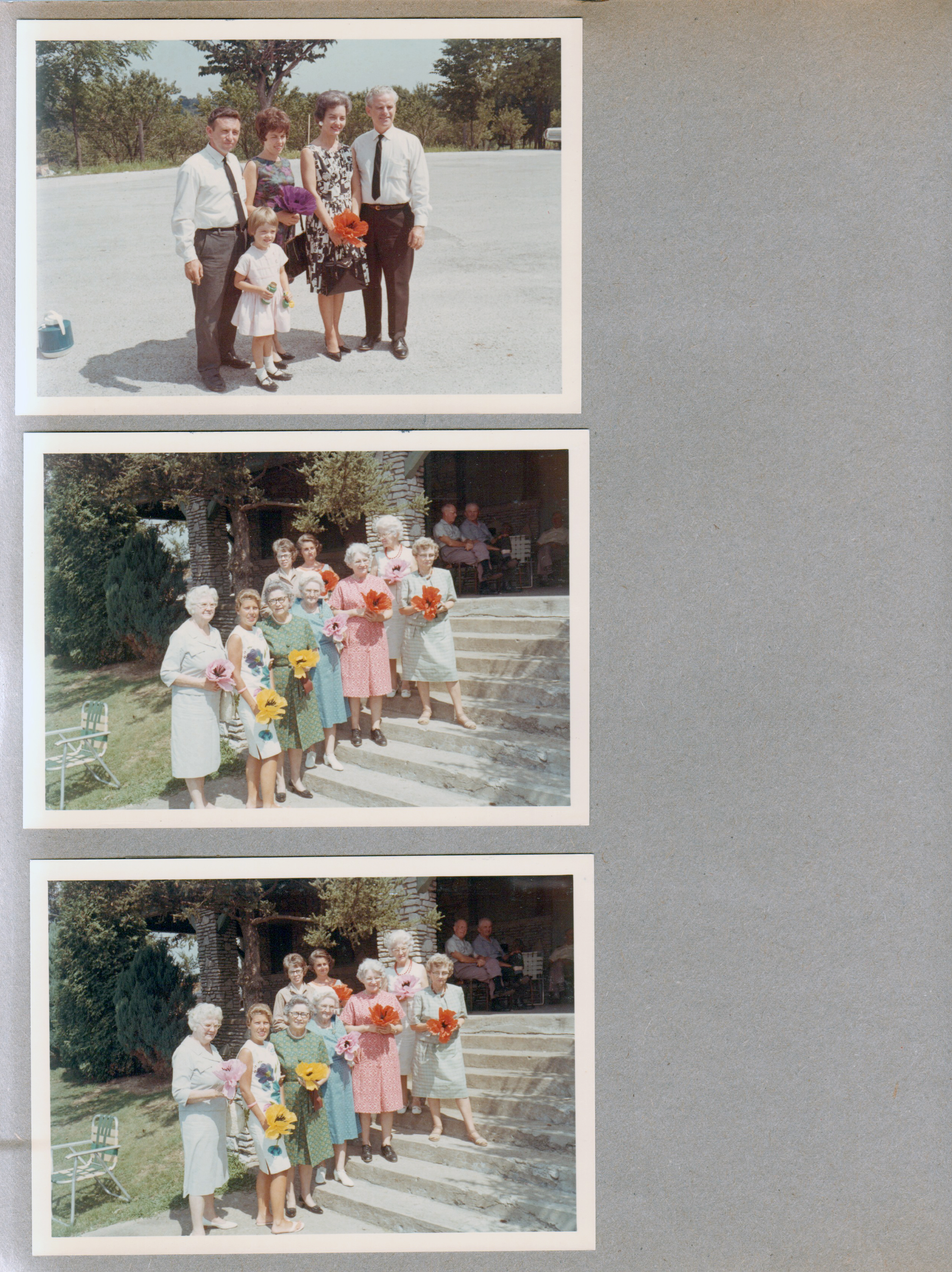 Bedford Draper Reunion Otis Park - Vic and Tex Murphy - Scottsburg. Flower ladies on steps - ?, Betty, Florence, Sara, Vonnie, Rosemary, Lida May, Mildred?, ?. 