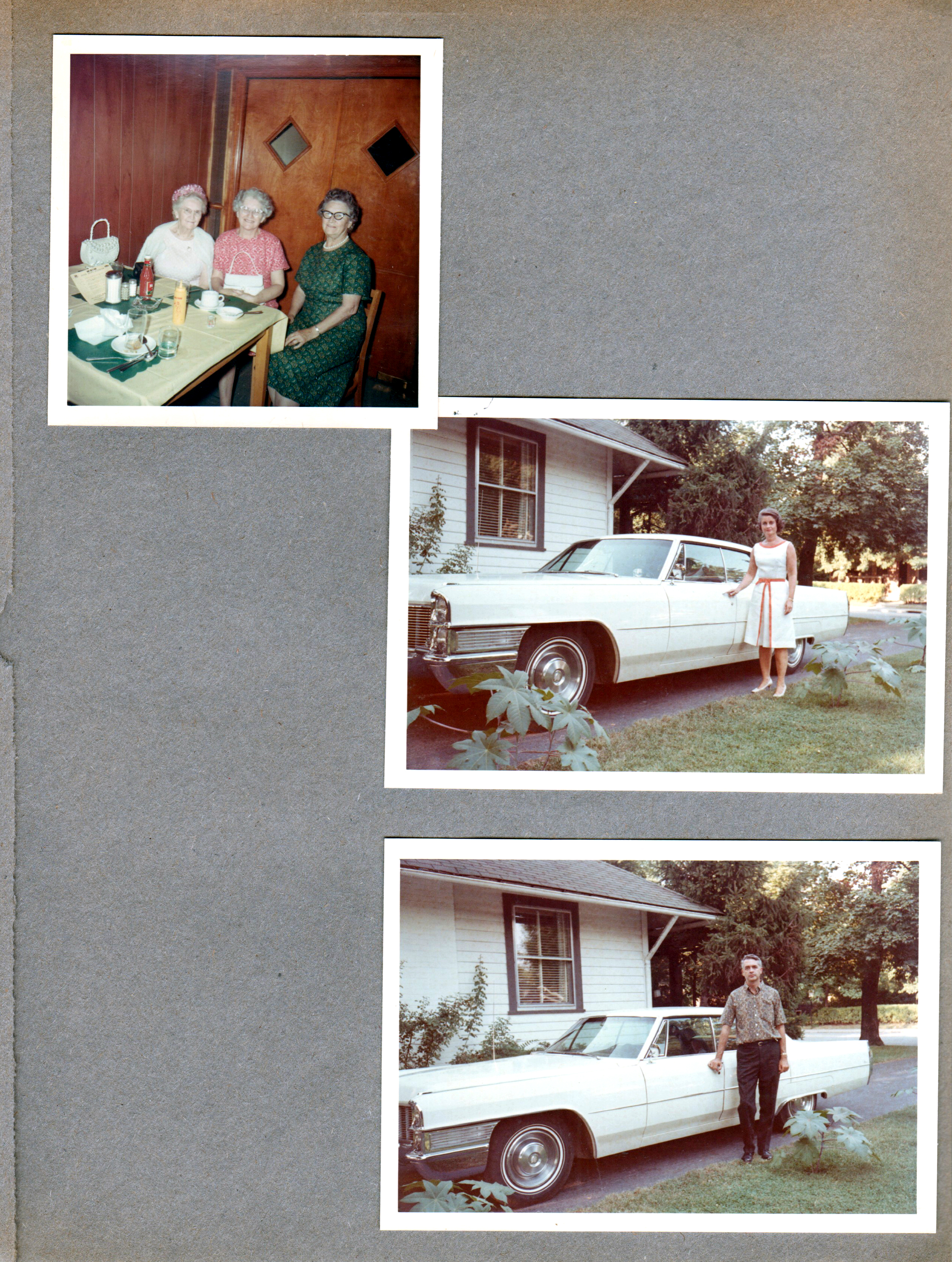 Vonnie, Lida May and Florence at Kern's Restaurant.  6122 driveway Rosemary and John with Cadillac Calais.