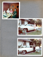 Vonnie, Lida May and Florence at Kern's Restaurant.  6122 driveway Rosemary and John with Cadillac Calais.