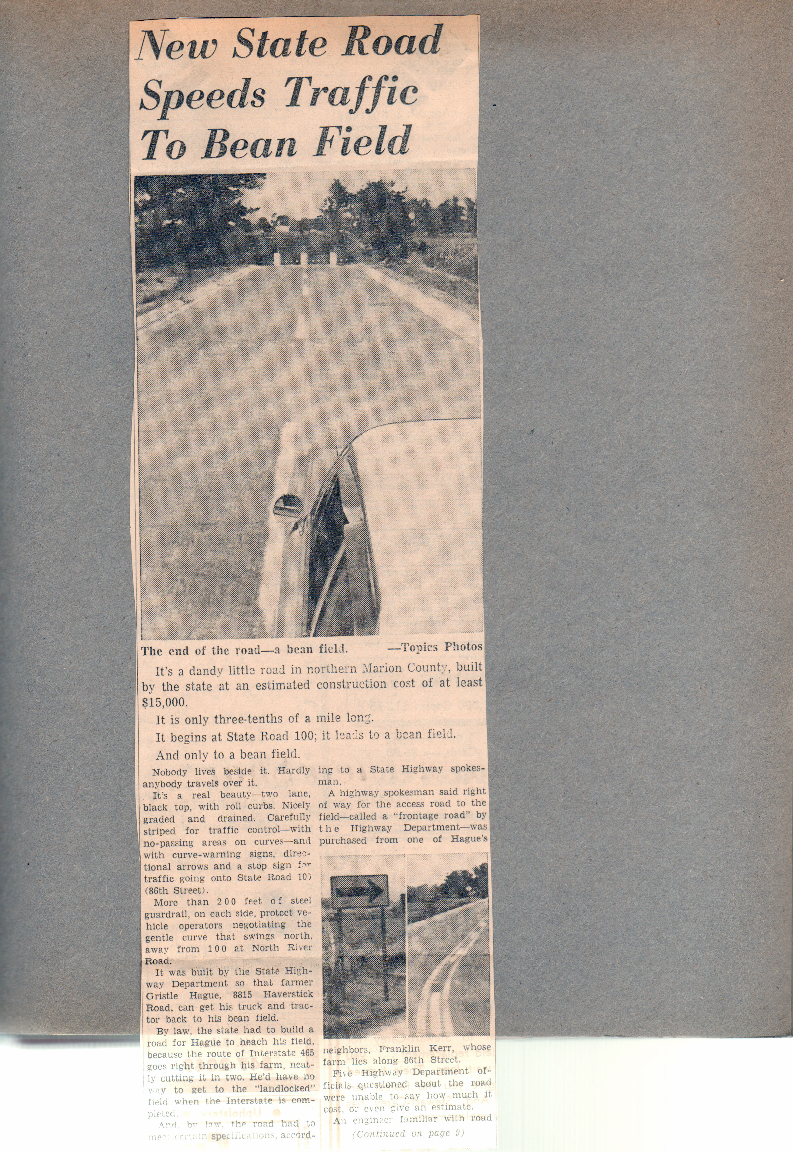 newspaper clipping - Suburban Topics Sept 7 1067 Bean Road construction