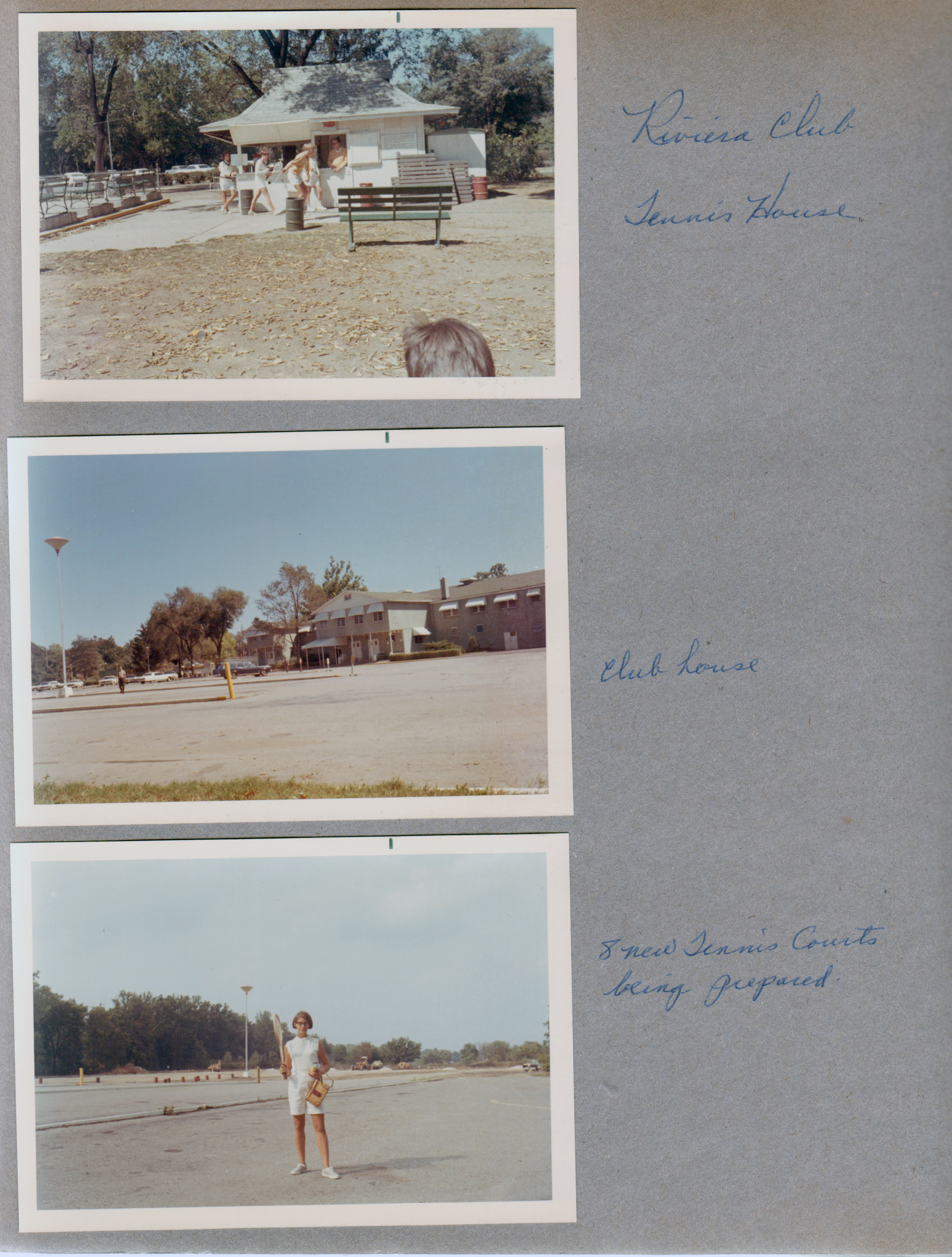 Riviera Club tennis house. Club house. Susan in parking lot for tennis