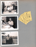 8815 Haverstick dining room Alan, Nancy, Girstle.  Girstle and Helen in yard by fence. Tickets to Holiday on Ice at Coliseum
