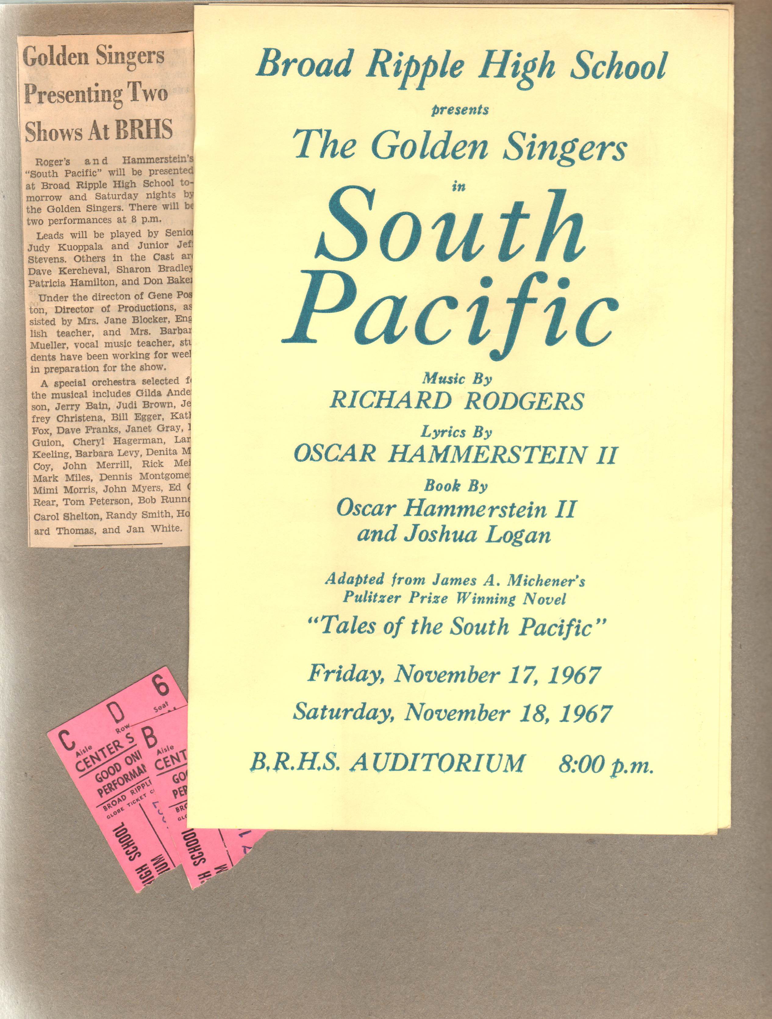 newspaper clipping Golden Singers at BRHS. BRHS South Pacific program and tickets.