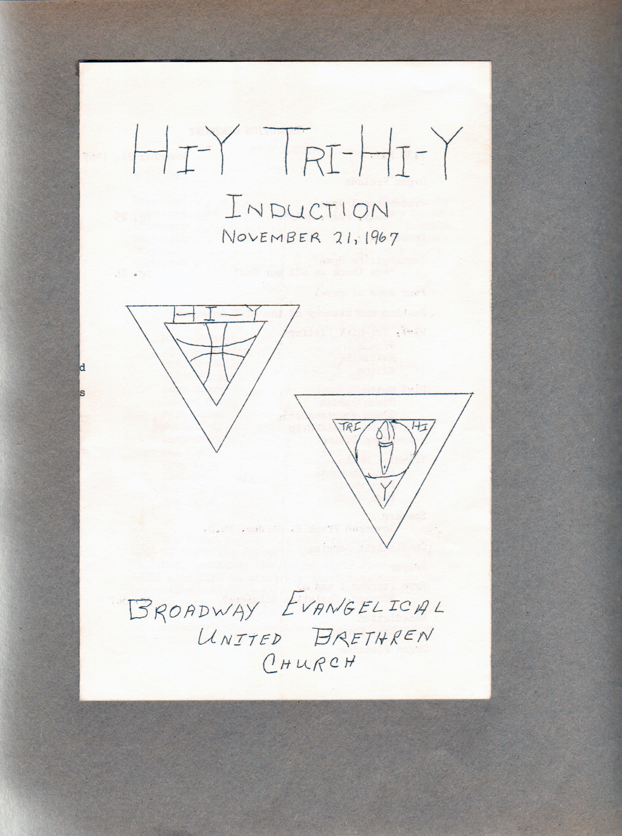 Hi-Y Tri-Hi-Y Broadway Evangelical United Brethren Church program Nov 21, 1967