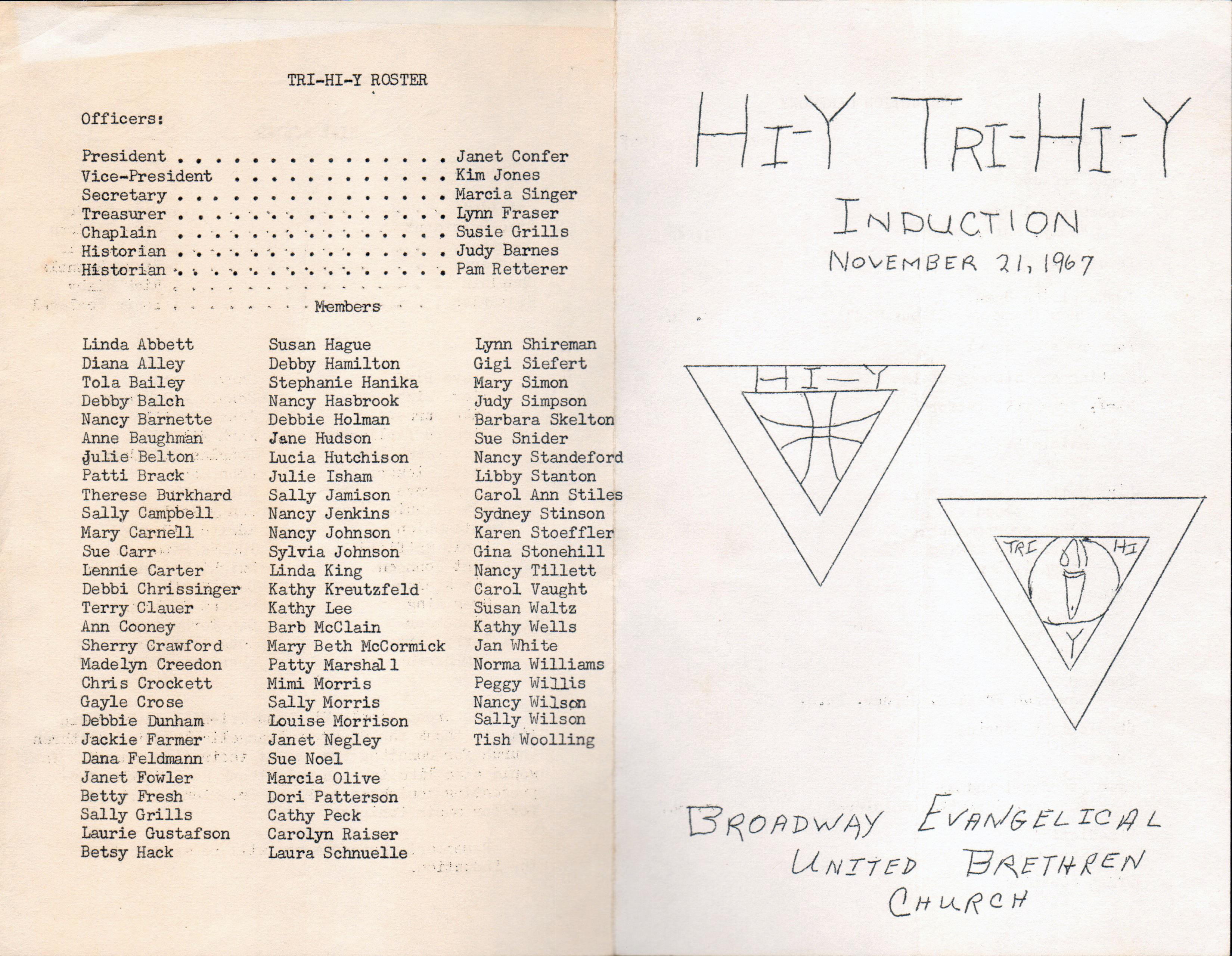 Hi-Y Tri-Hi-Y Broadway Evangelical United Brethren Church program Nov 21, 1967 - Susan listed
