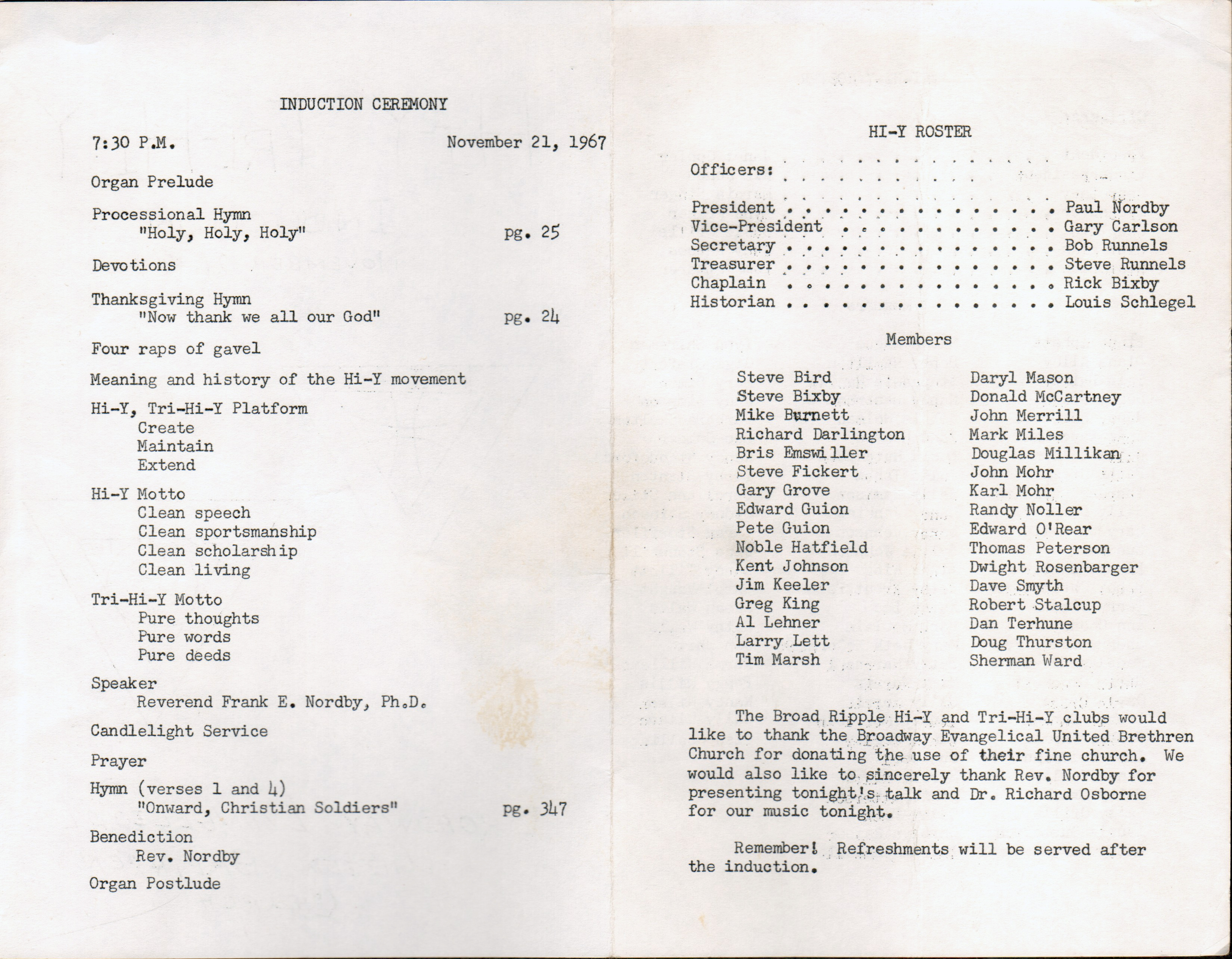Hi-Y Tri-Hi-Y Broadway Evangelical United Brethren Church program Nov 21, 1967