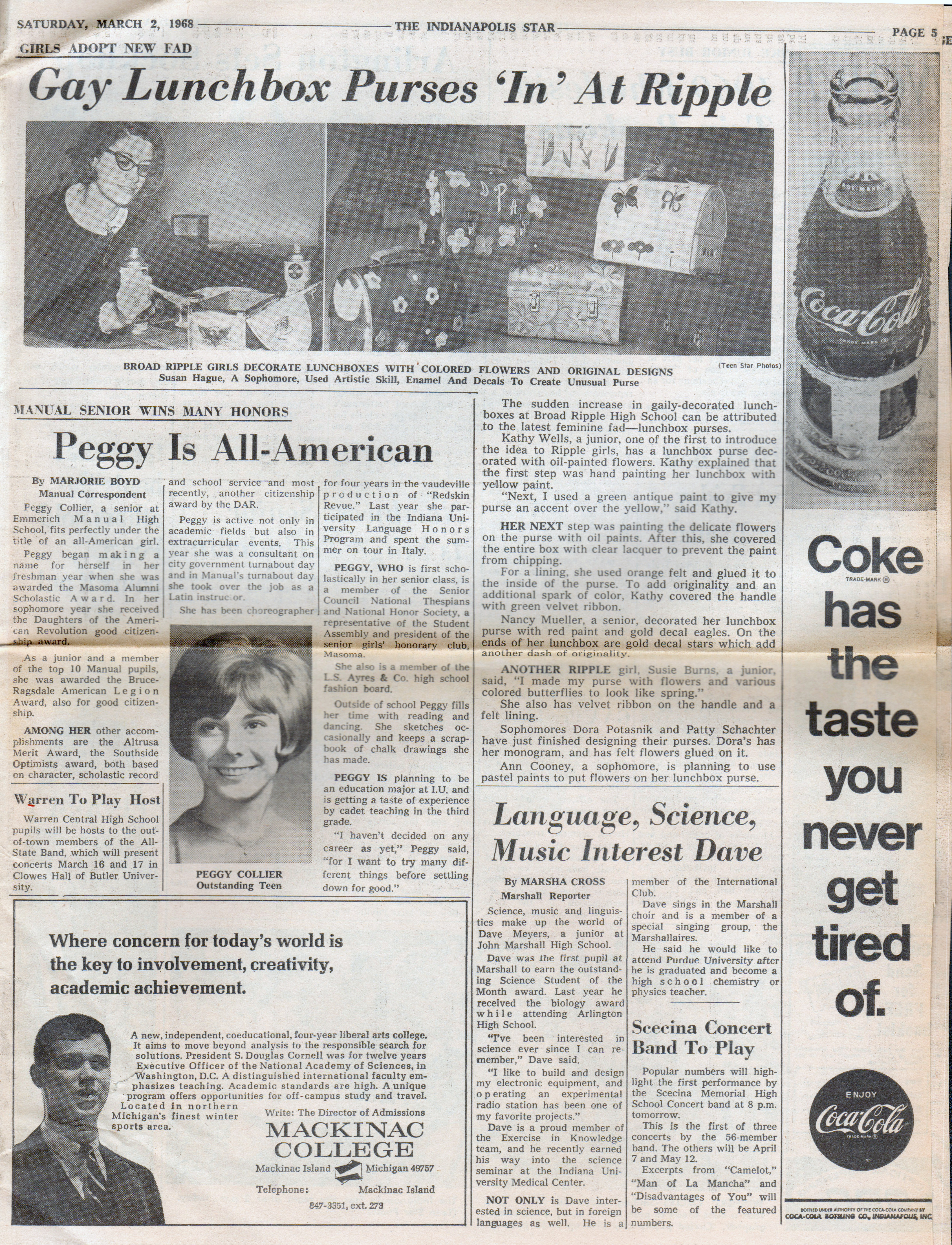 Indpls Star March 2 1968 Susan lunchboxes