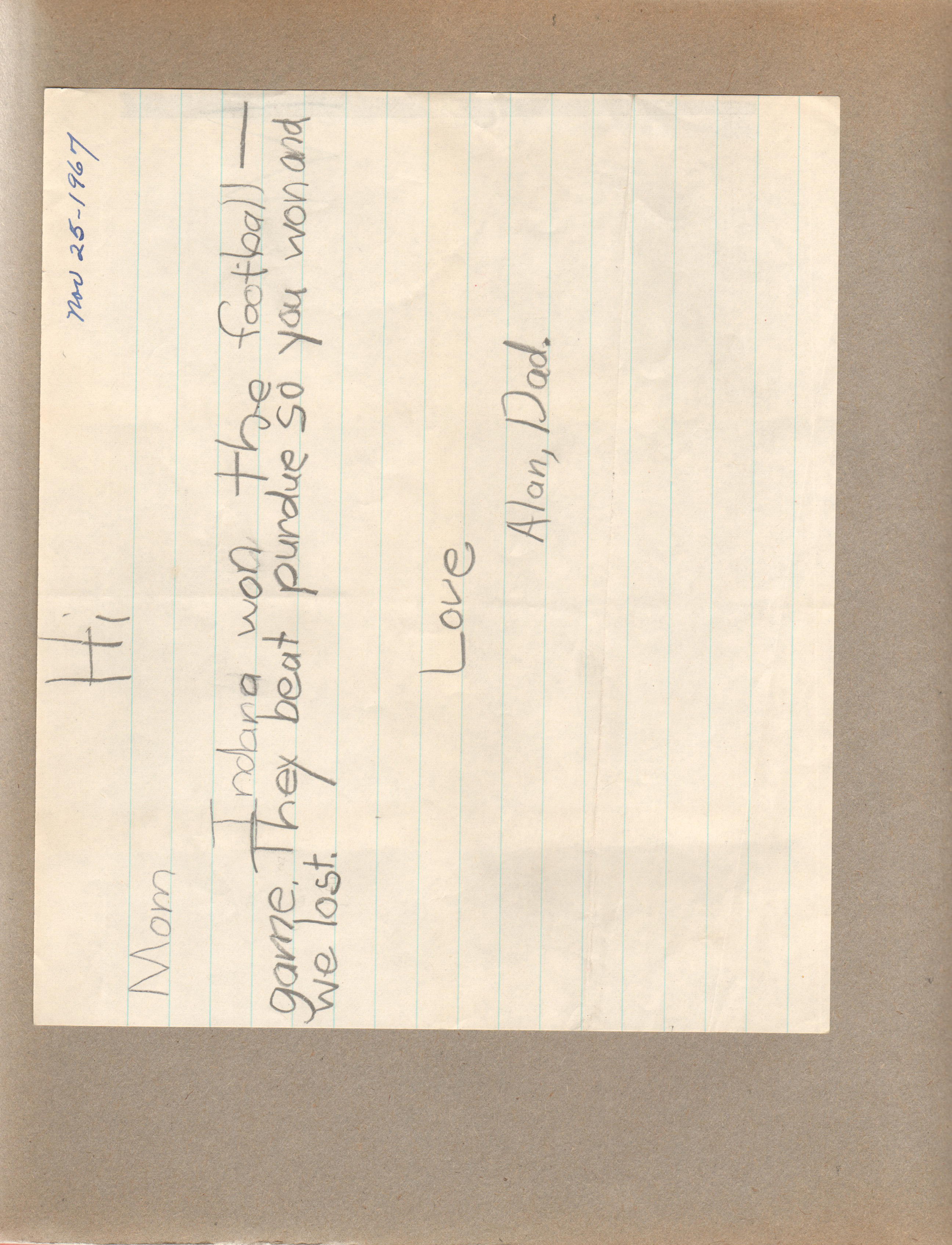 Letter to Rosemary for Alan and dad about IU Purdue game