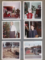 6122 living room Christmas stockings and inflatable Santa. Curt by tree. Rosemary at Glendale? Deer at Glendale. LS Ayres.