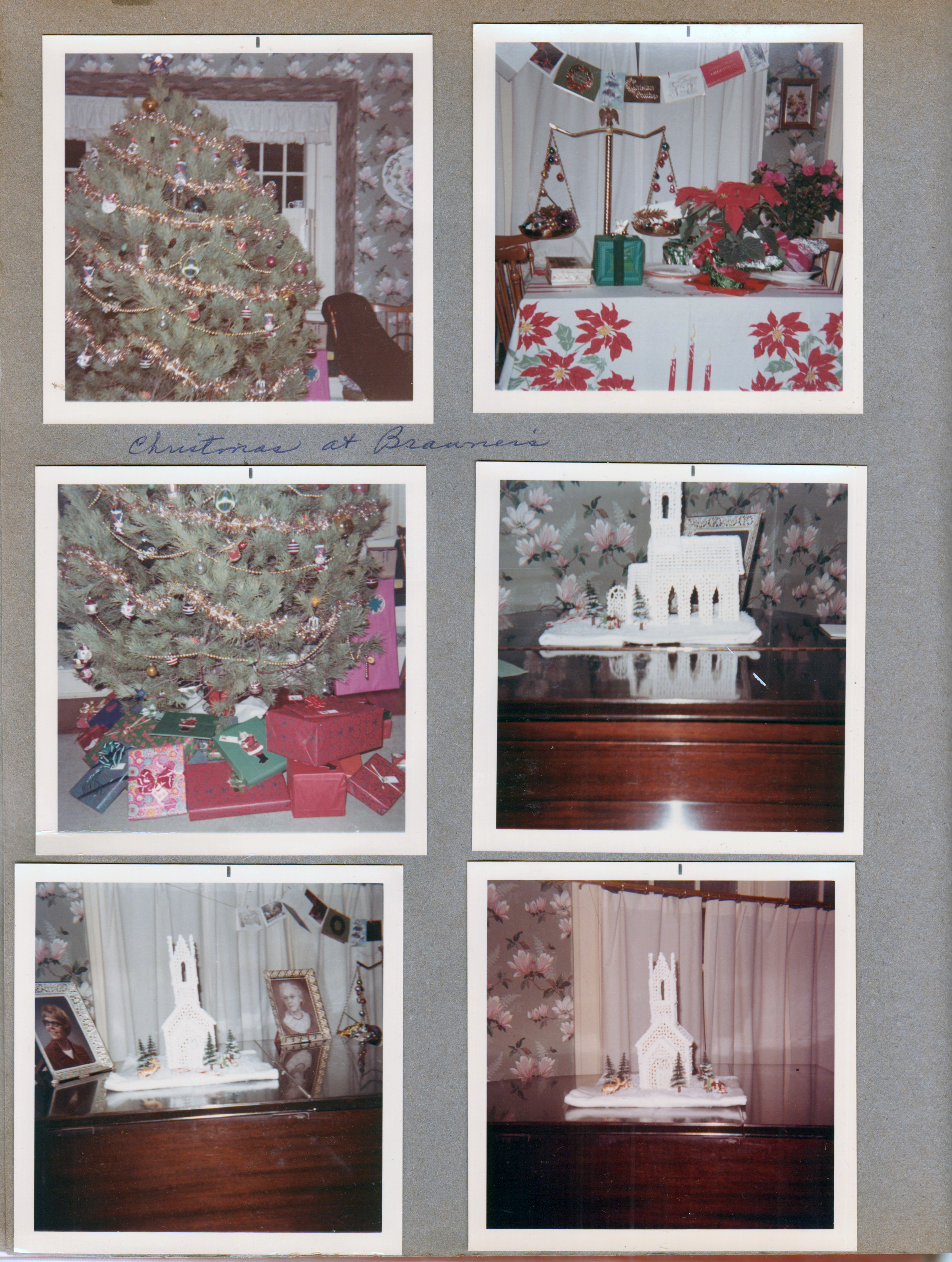 6123 Christmas at the Brawners. Tree. Icing chapel, portraits of Sandy and Maud.