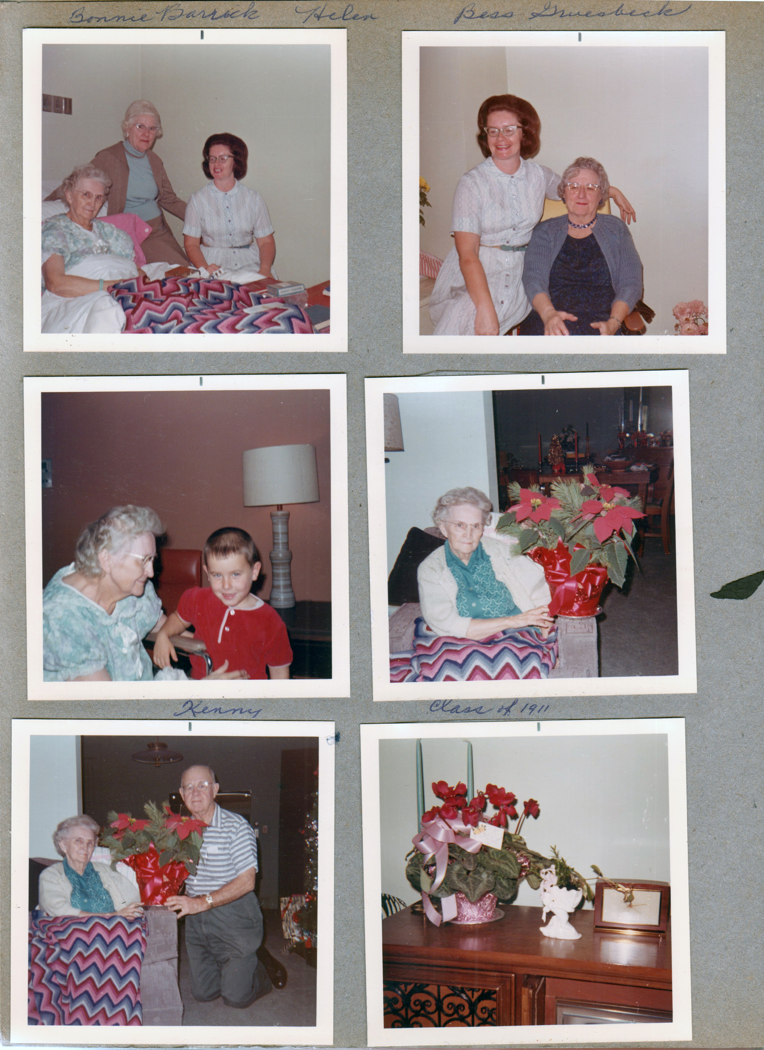 In hospital room - Vonnie, Bonnie Barrick, Helen. Helen and Bess Gruesbeck. Vonnie and Kenny. 6122 living room Vonnie Class of 1911 flowers. Curt. Flowers on TV cabinet.