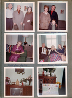 6122 living room - Curt, Everett and Sophia Letsinger. Betty, Dave and Kenny. Connie. Joe and Doris Smith with Vonnie. Flowers on TV cabinet. Snoopy welcome home poster