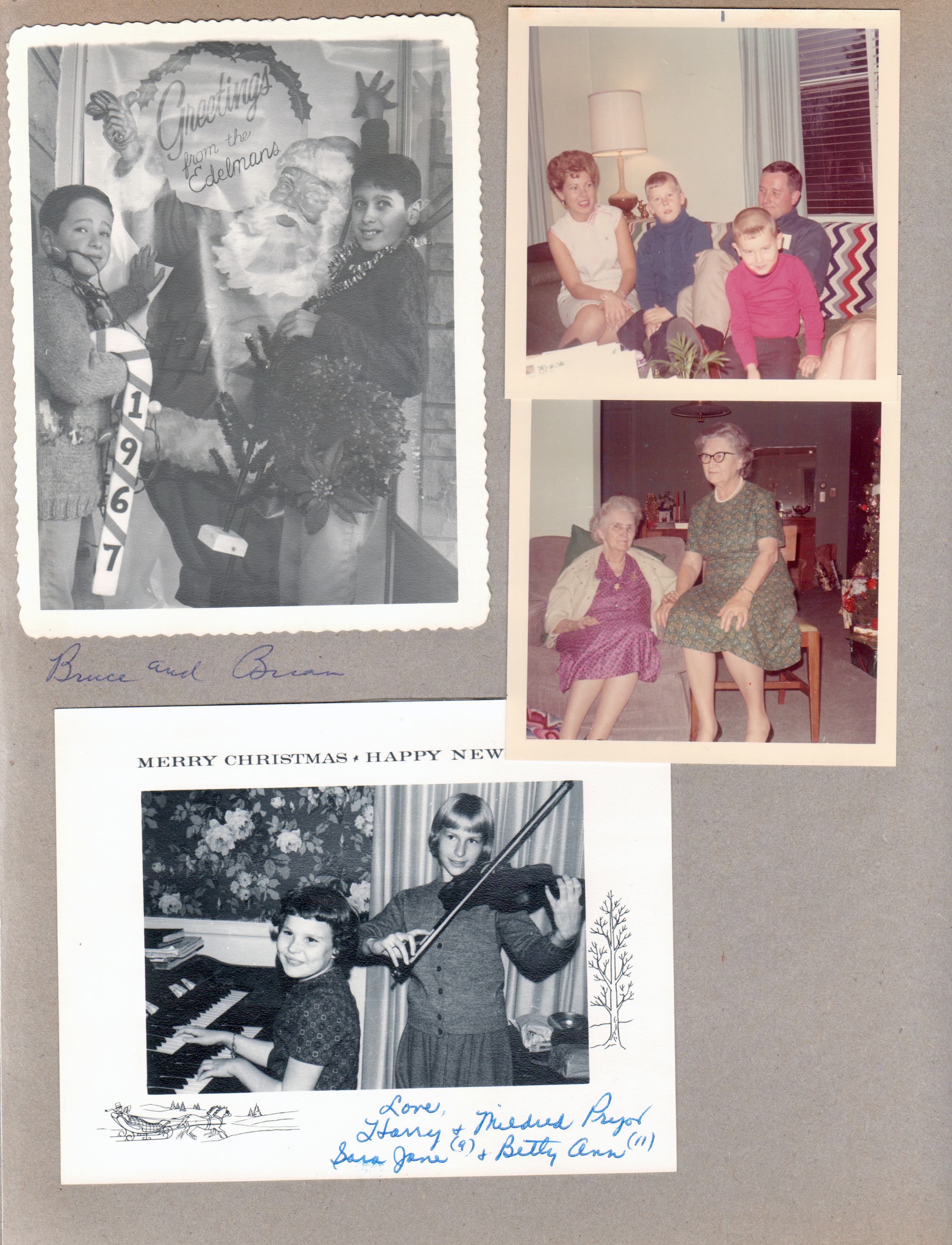 Christmas cards - Bruce and Brian Edelman. Harry and Mildred Pryor. 6122 living room - Betty, Ronnie, Dave and Kenny on sofa. Vonnie and Florence Harrell.