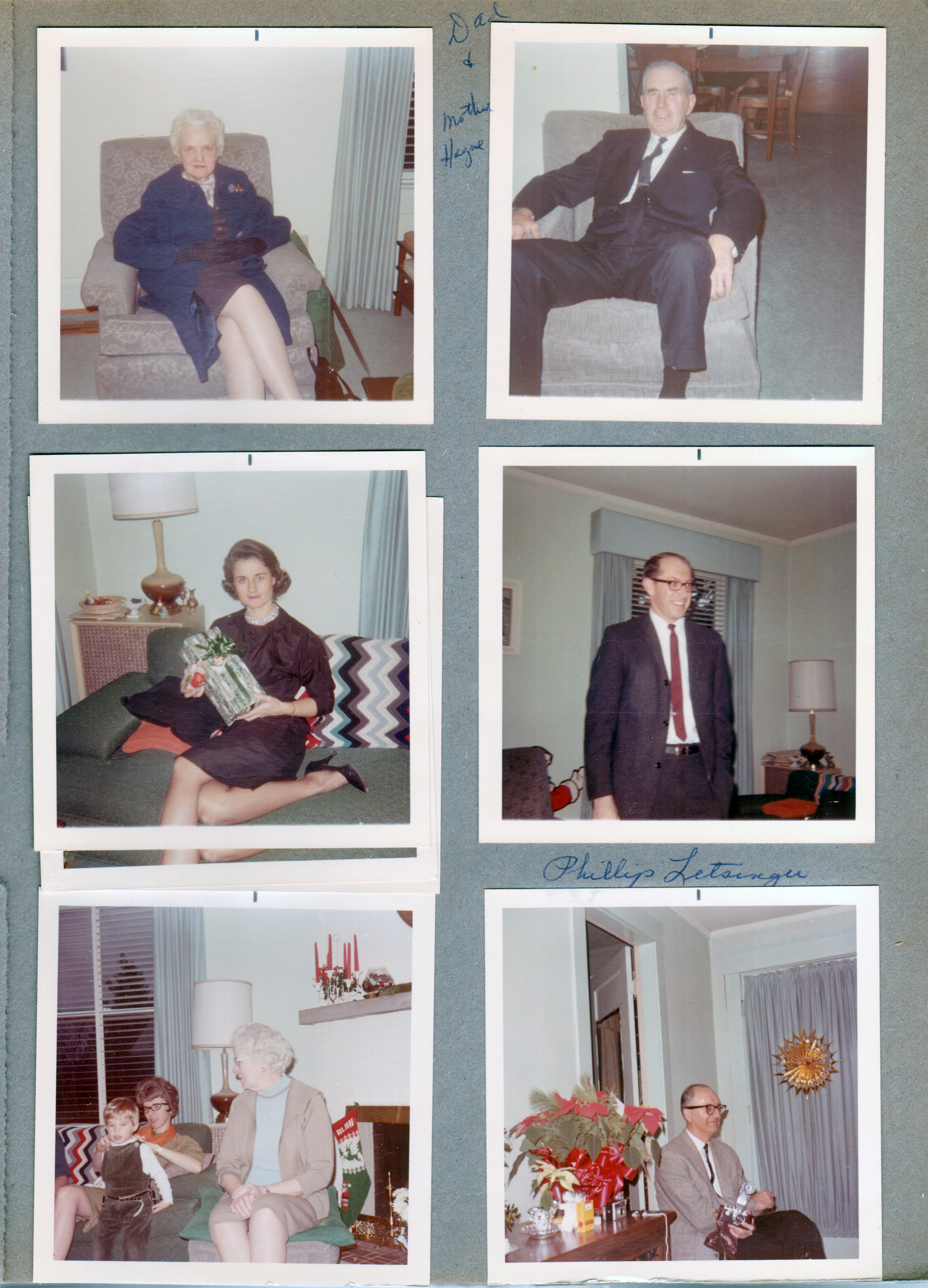 6122 living room - Helen Hague. Girstle Hague. Rosemary. Phillip Letsinger. Joe, Sara and Bonnie. Warren.