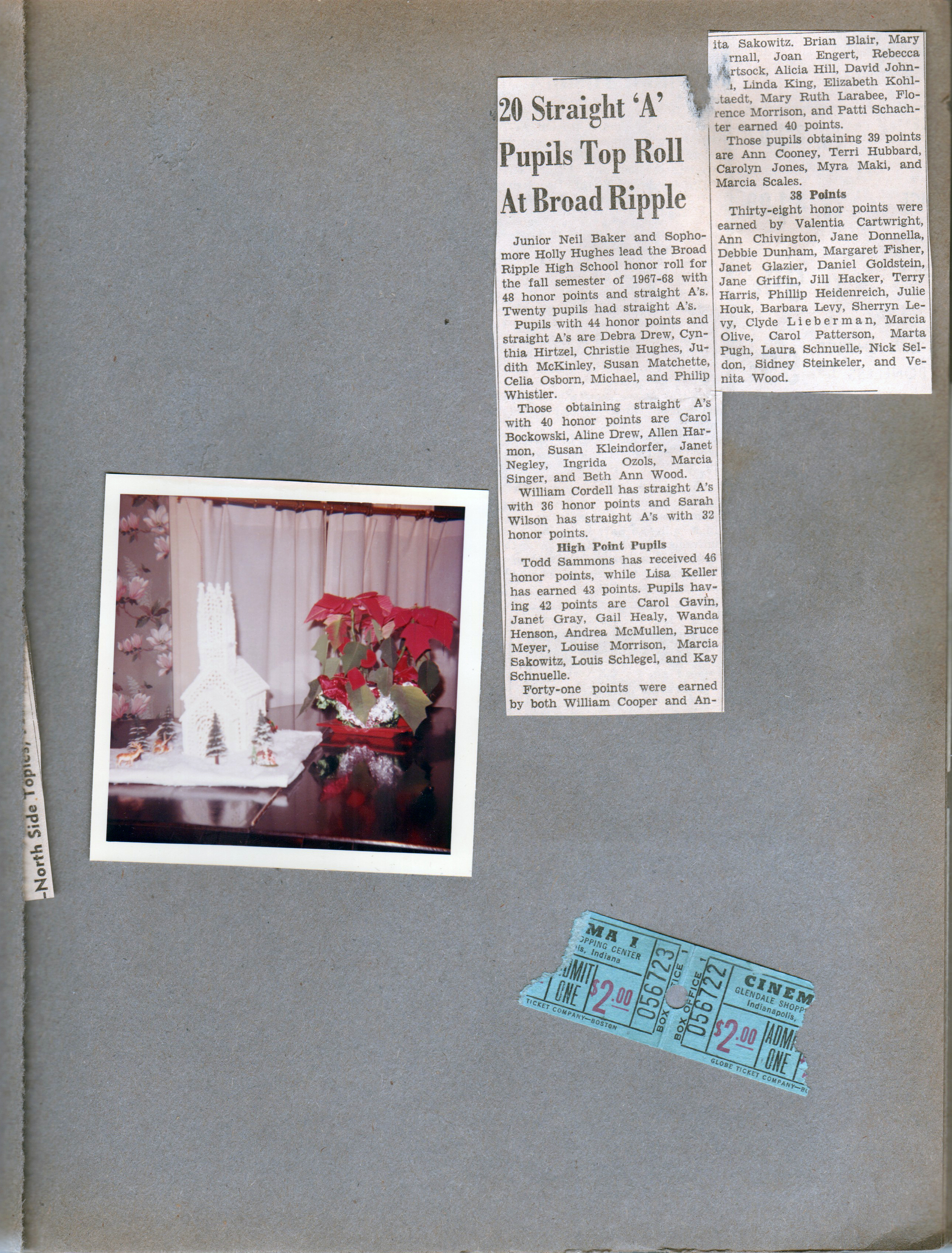 6123 Christmas at the Brawners Icing chapel. Glendale Cinema I tickets. newspaper clipping BRHS honor role 