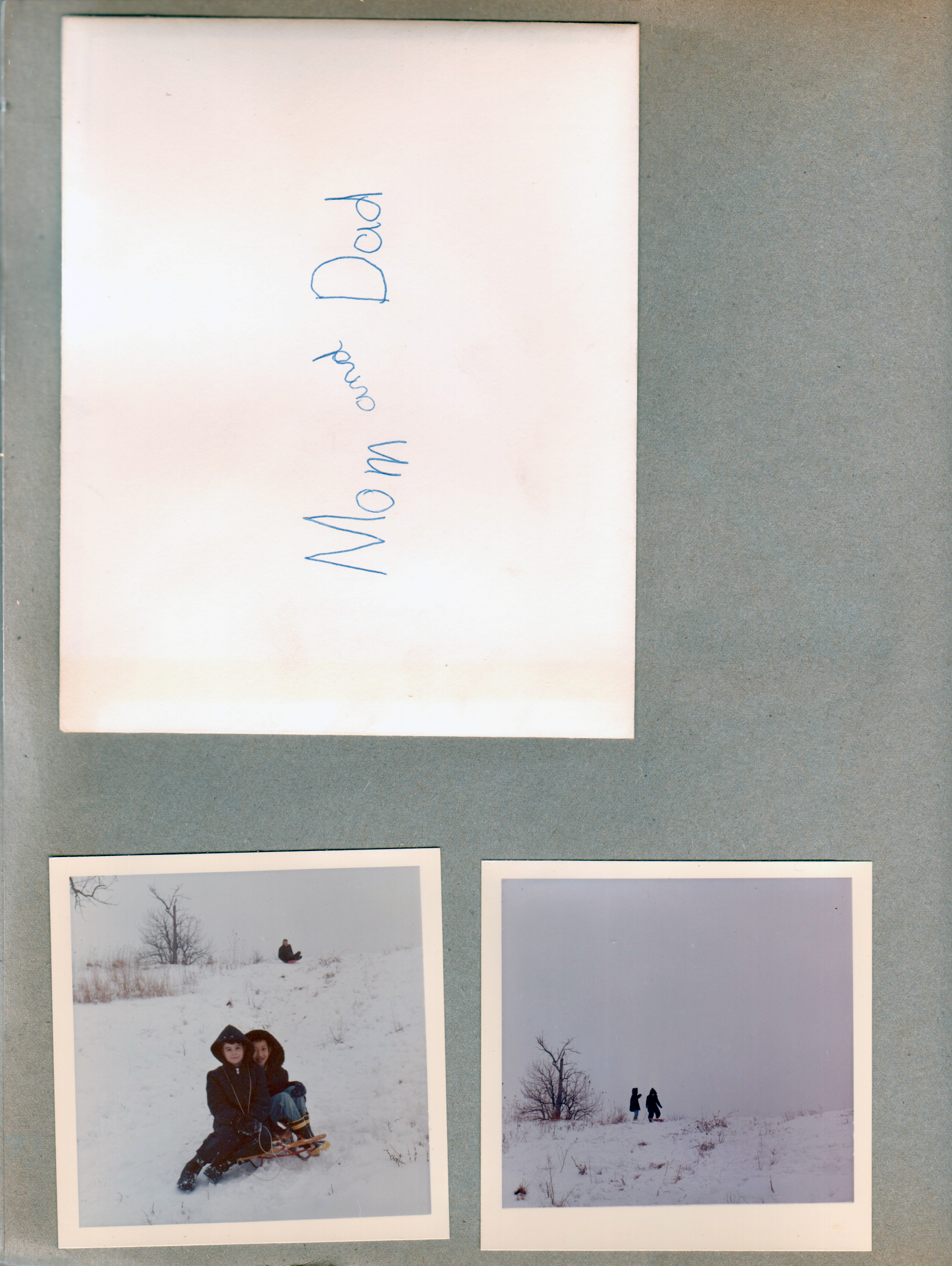 card to mom and dad. Alan and Steve Chaillard at Glen's house 8817 Haverstick sledding
