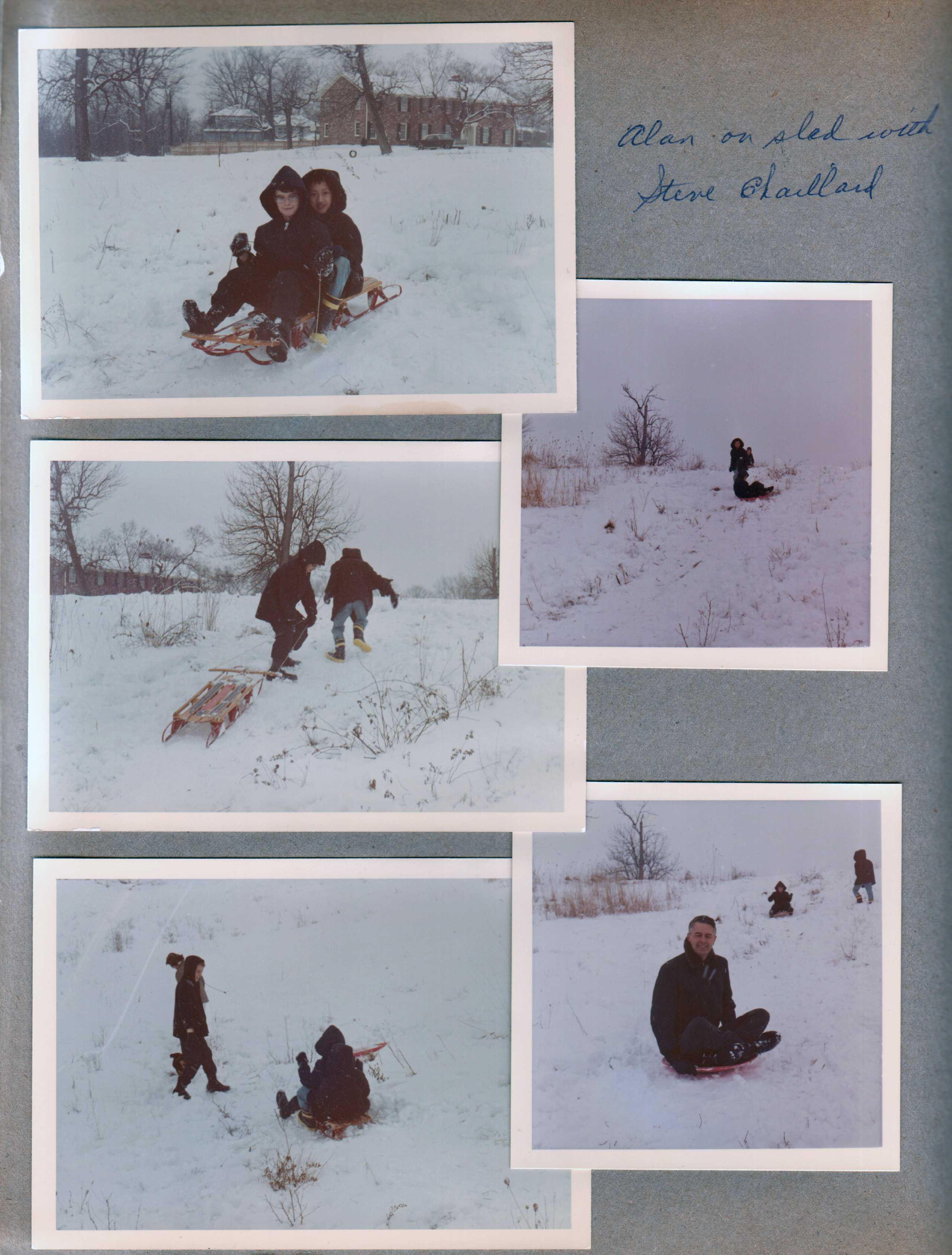 Alan and Steve Chaillard at Glen's house 8817 Haverstick sledding. John on snow disk