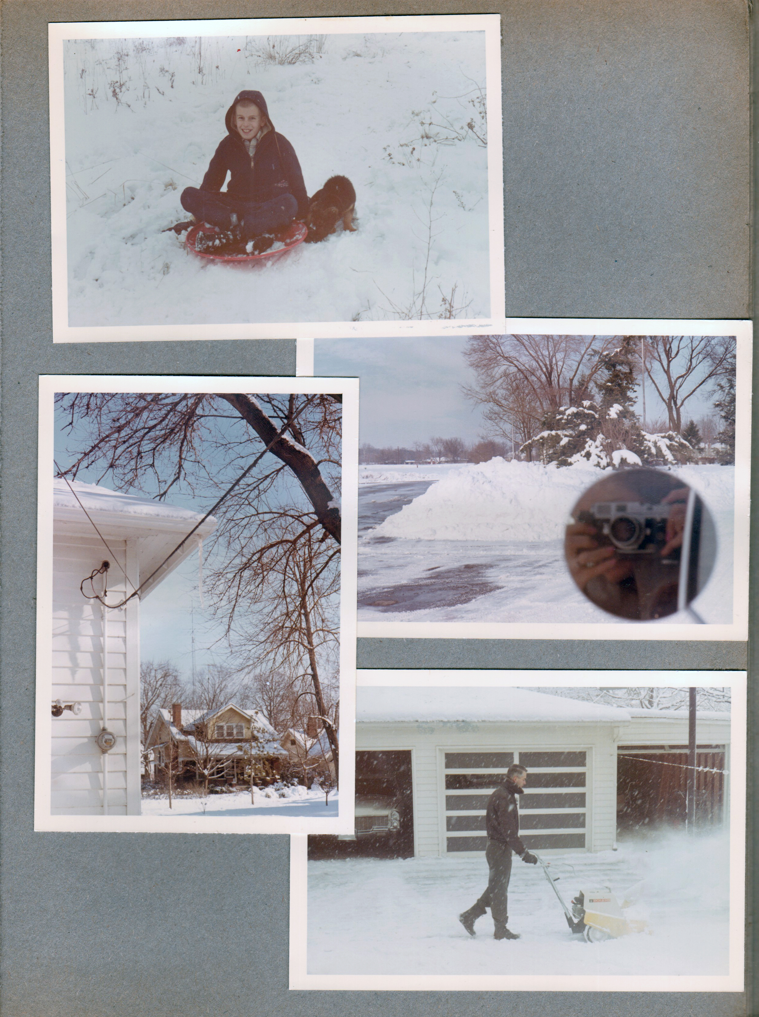 Glen's house 8817 Haverstick on snow disk. Mom using Leica (mirror) taking picture of snow. 6122 icicles. John snowblower