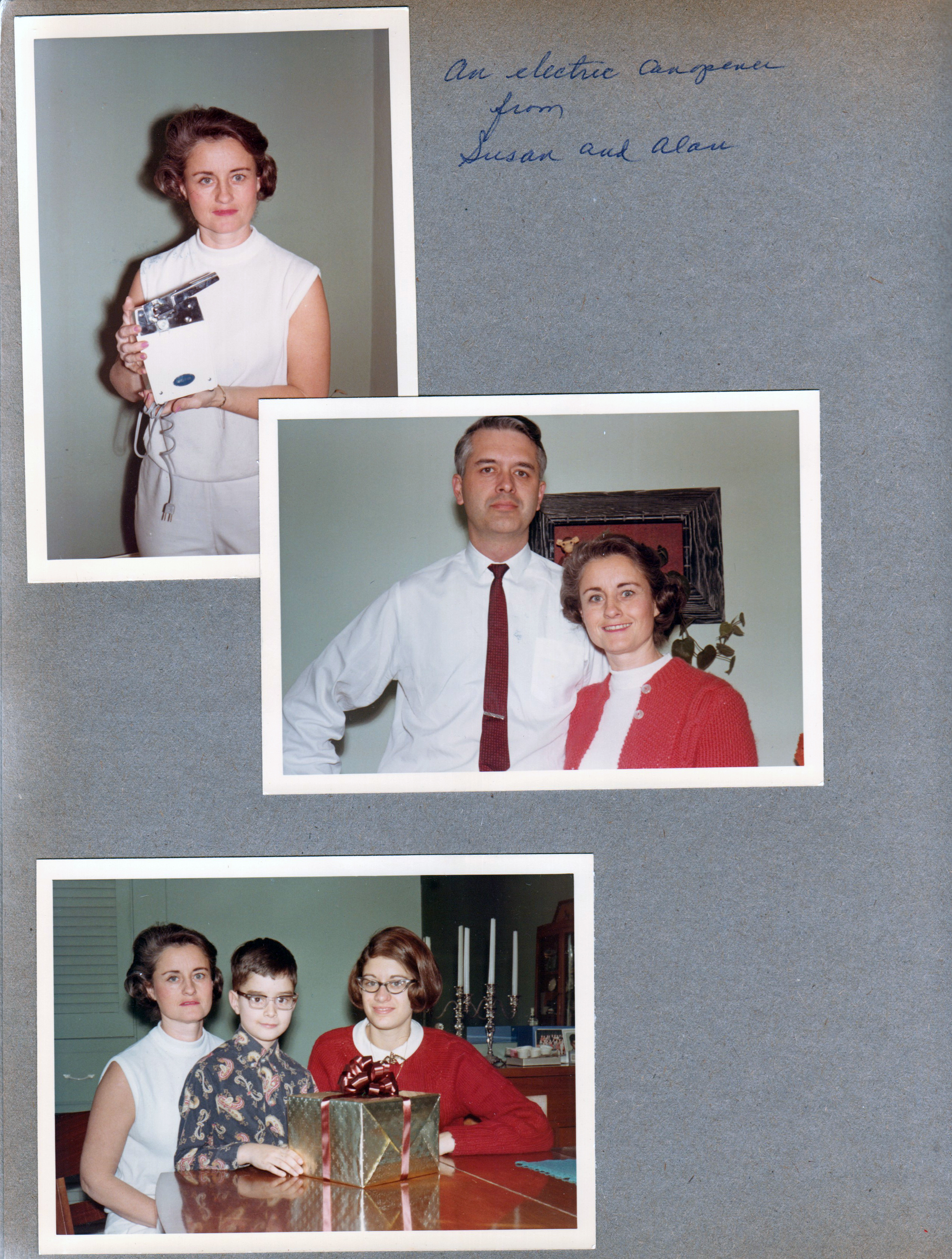 6122 - Rosemary with new can opener. John and Rosemary. Rosemary, Alan and Susan.