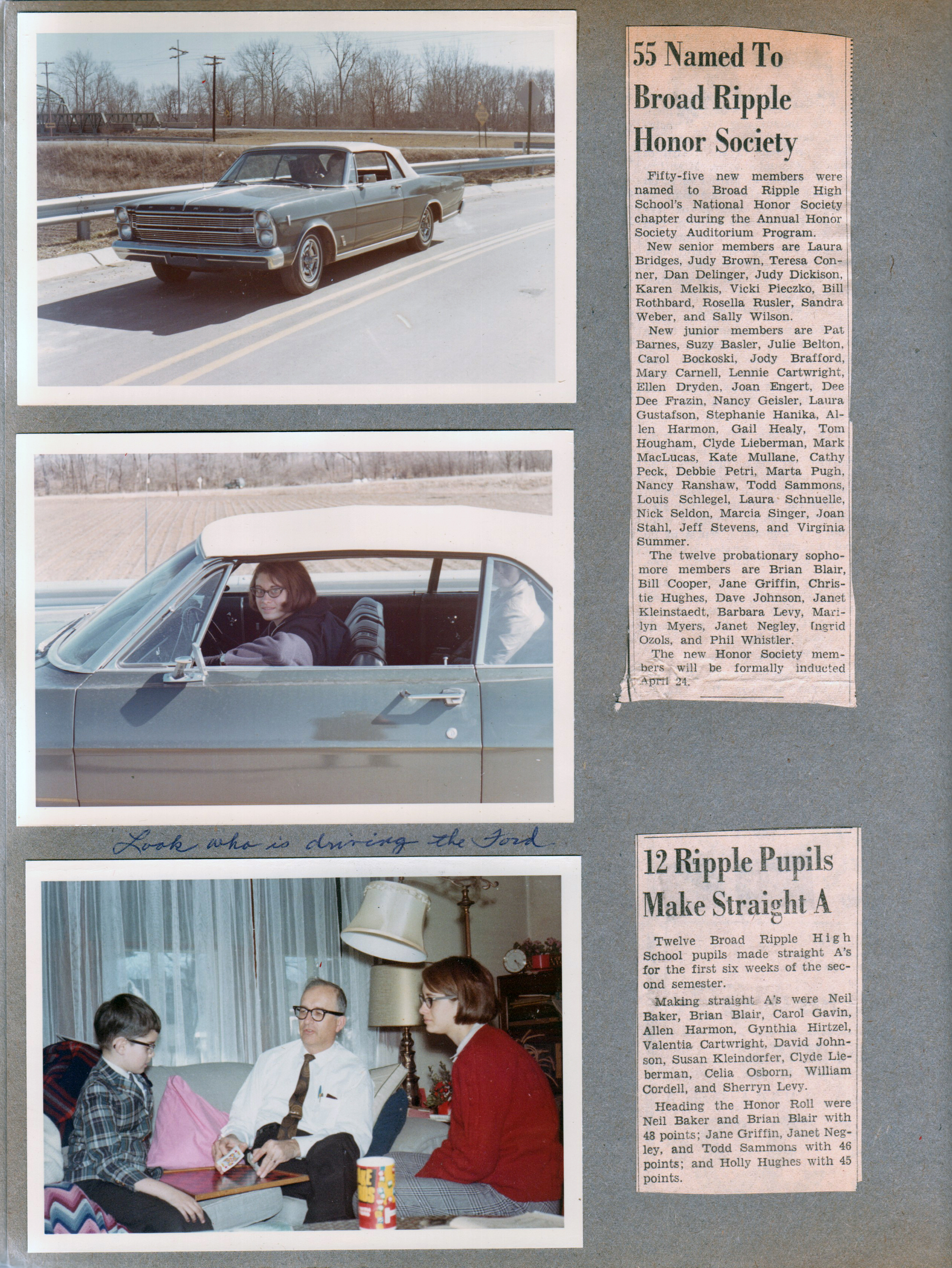 Susan driving Ford Galaxie on Bean Road. 3845 Capitol Alan and Warren playing cards, Susan. newspaper clipping BRHS honor society
