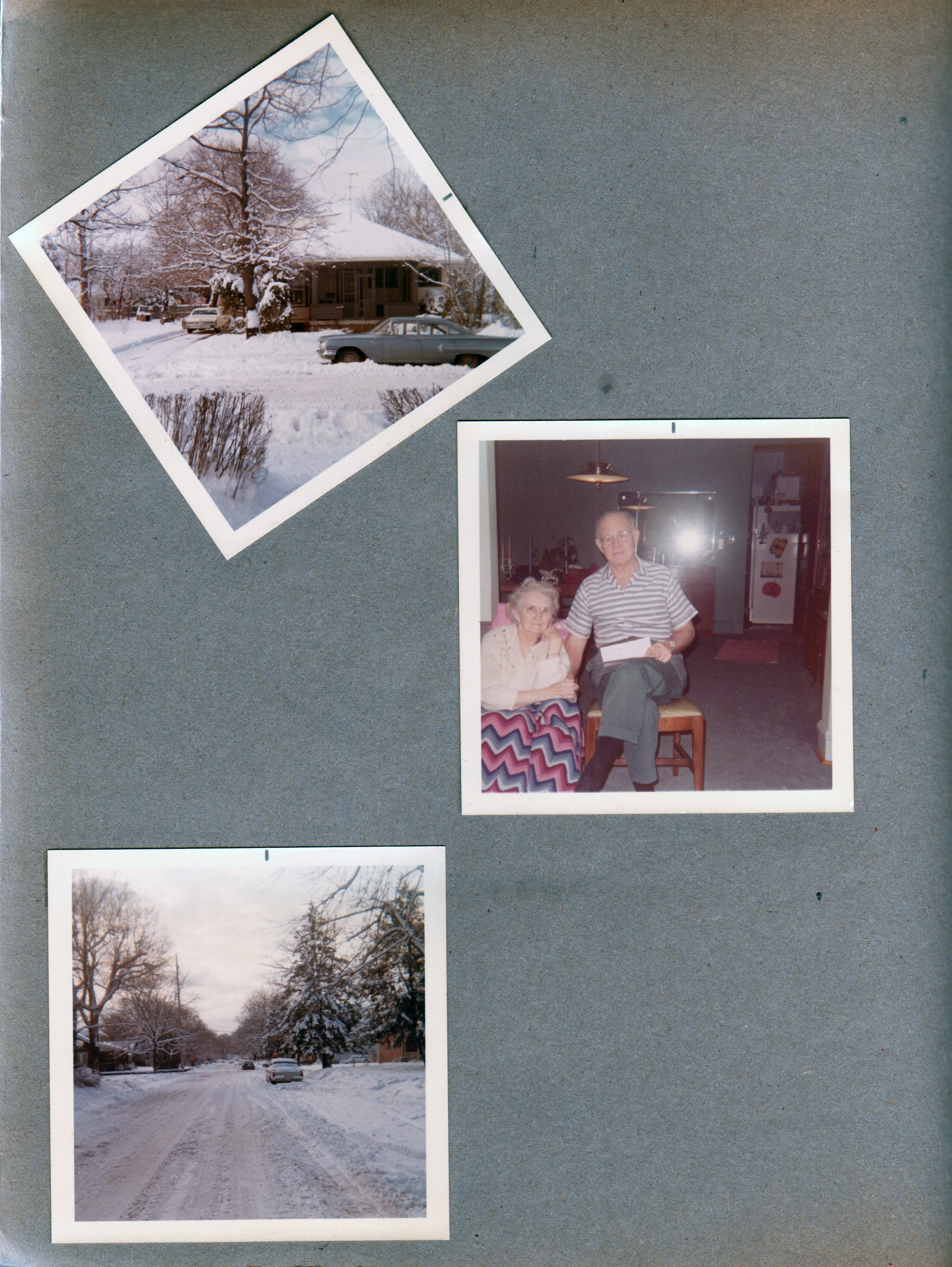 6122 house in snow. Vonnie and Curt in living room. Carrollton snow