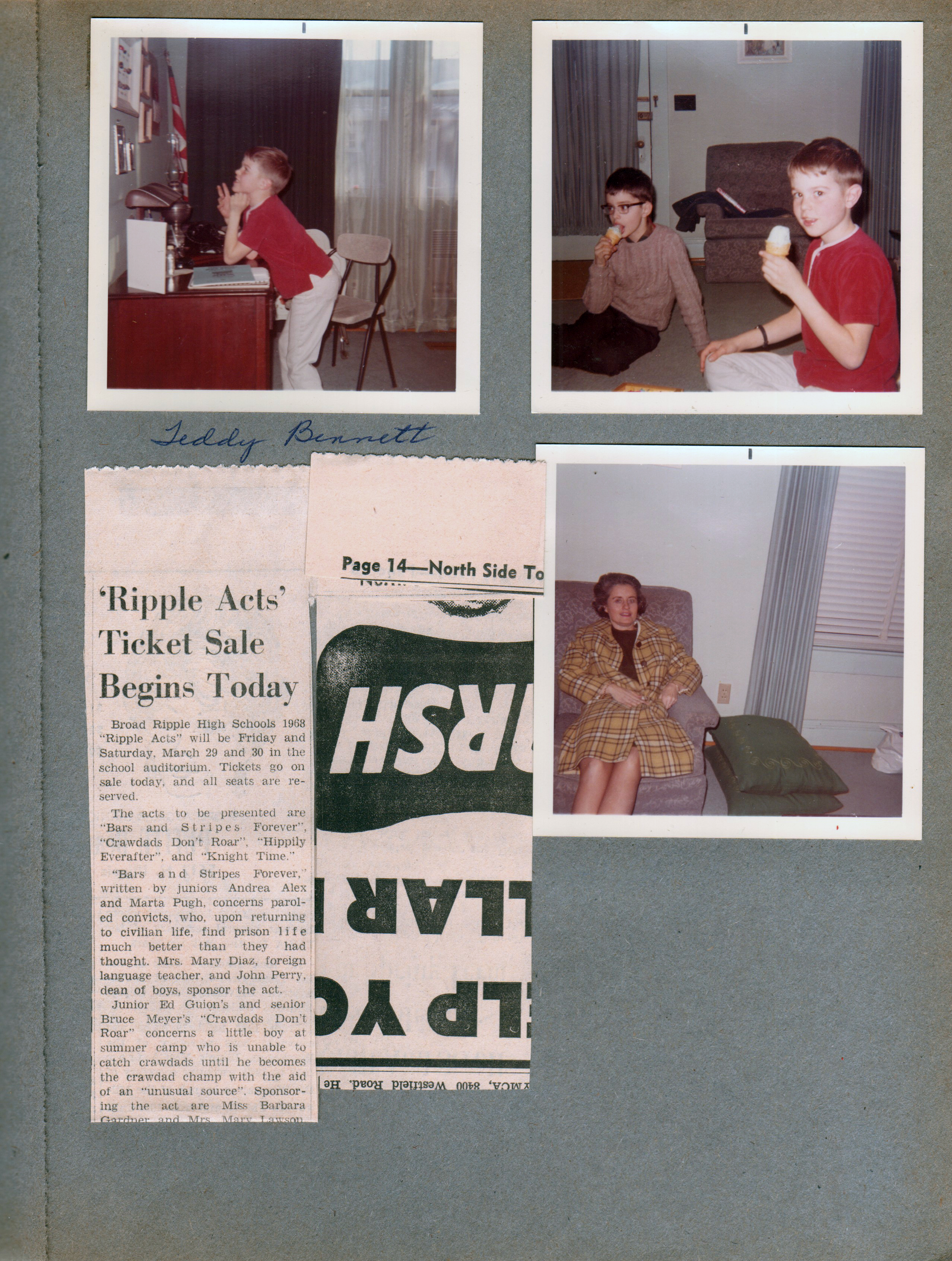 6122 dining room -  Teddy Bennett at desk. Alan and Teddy with ice cream cones in living room. Rosemary in chair. newspaper clipping BRHS  Ripples Acts