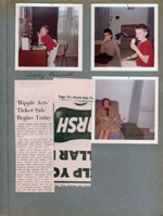 6122 dining room -  Teddy Bennett at desk. Alan and Teddy with ice cream cones in living room. Rosemary in chair. newspaper clipping BRHS  Ripples Acts