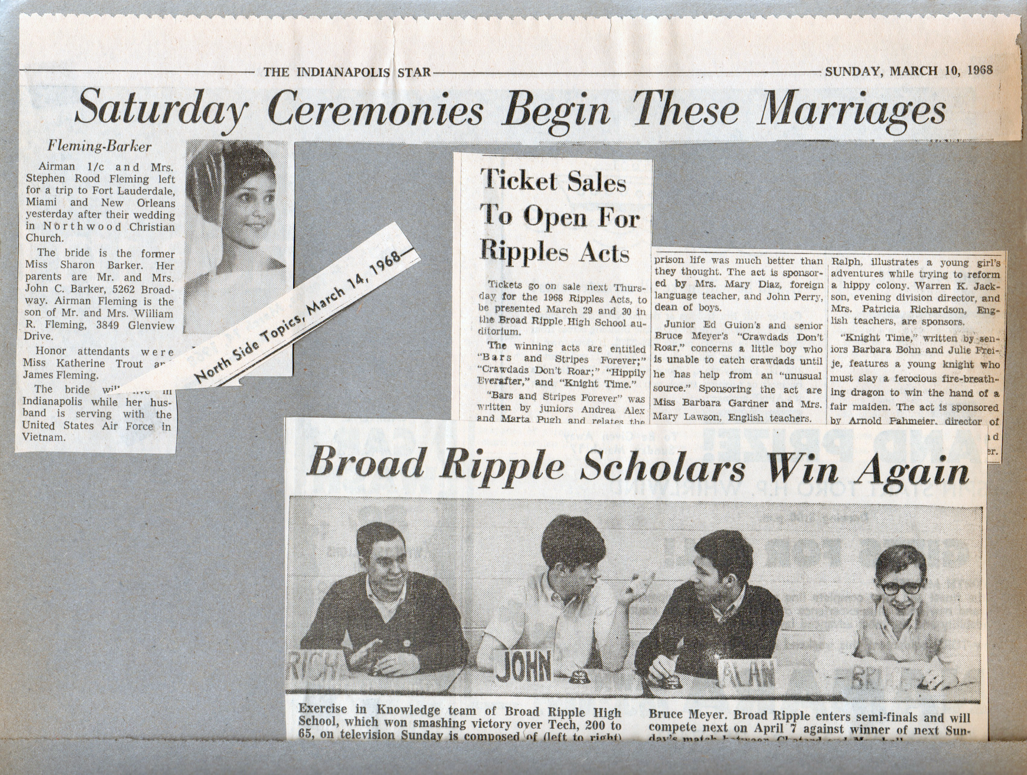 newspaper clipping BRHS  Ripples Acts. Fleming-Barker wedding. Exercise in Knowledge.