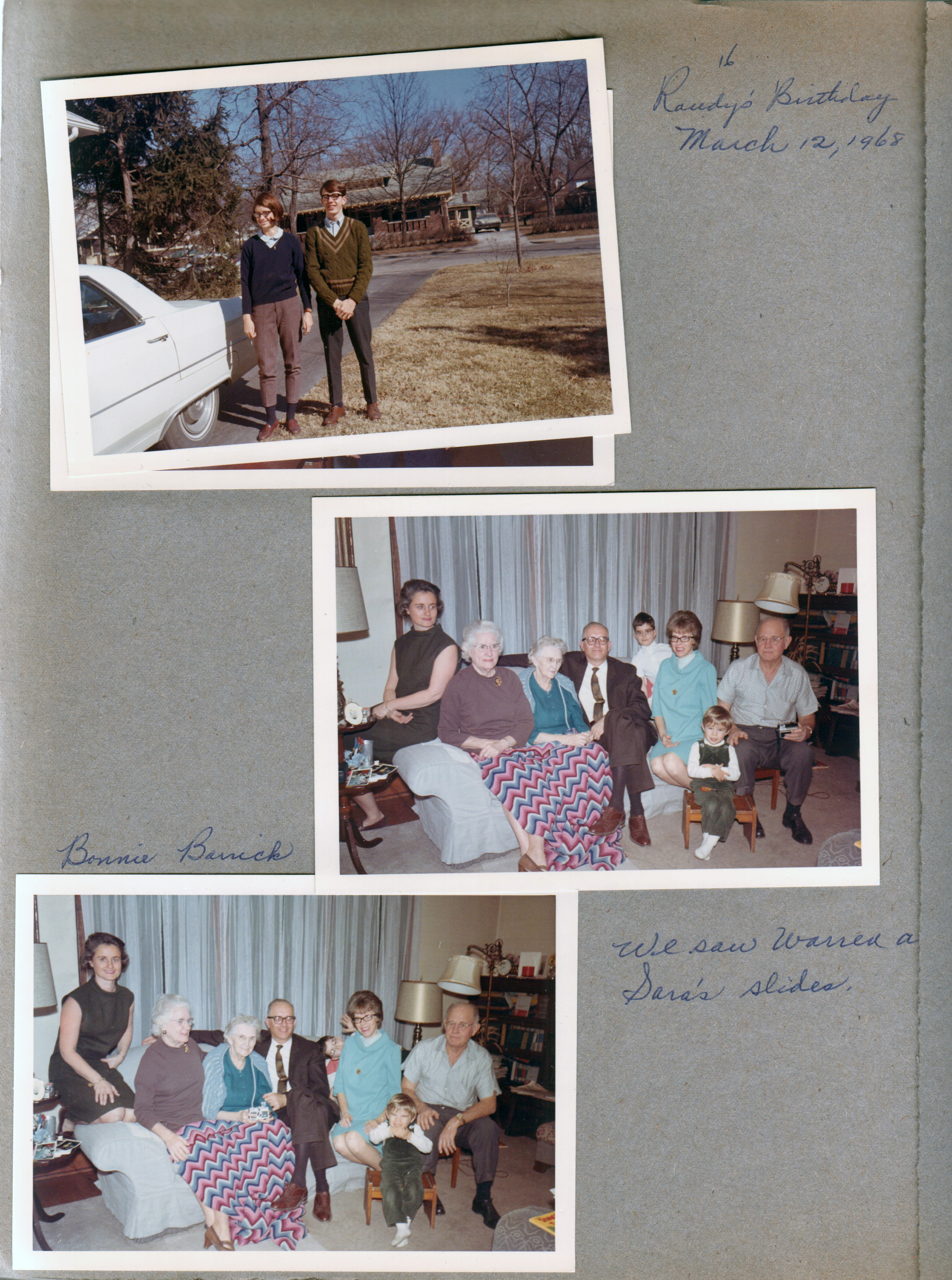 Randy Smith birthday - Susan 6122 driveway by car. 3845 Capitol Rosemary, Bonnie, Vonnie, Warren, Alan, Sara, Joe, Curt. Bonnie Barrick. We saw Warren and Sara's slides