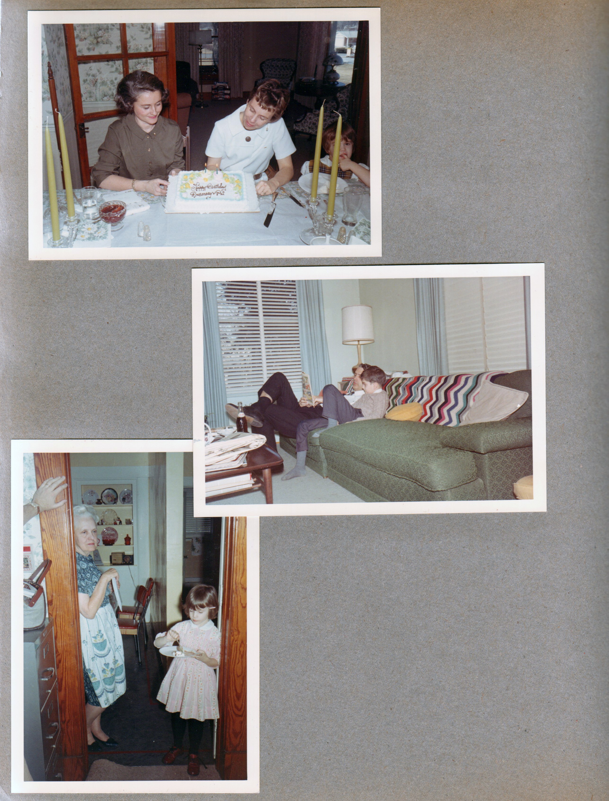 8815 Haverstick - Rosemary and Patty with cake. 6122 living room John and Alan on sofa reading comic book with Pepsi.  8815 kitchen Helen and Nancy