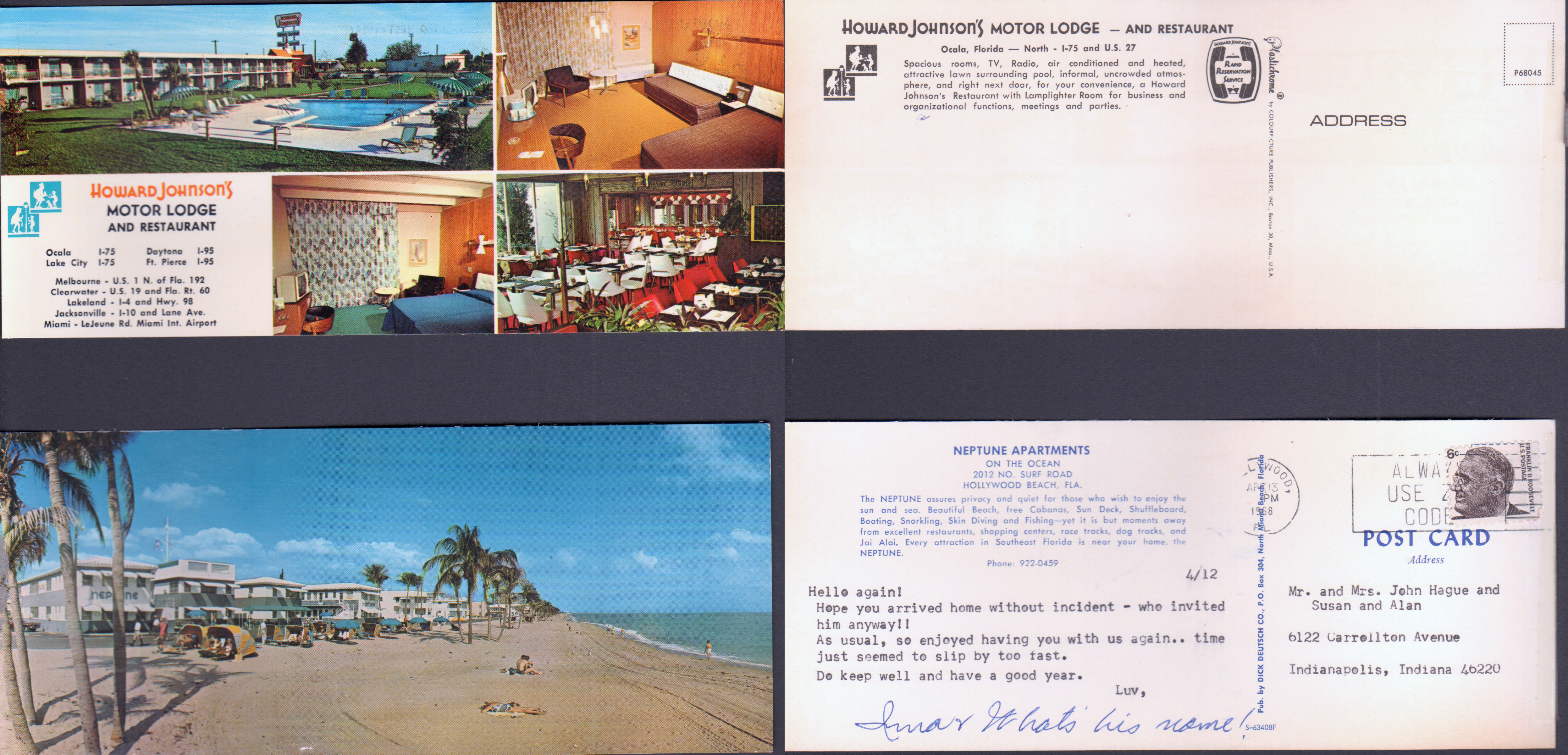 postcard Howard Johnson - Ocala P68045.  postcard Neptune Hollywood Beach FL S-63408F 