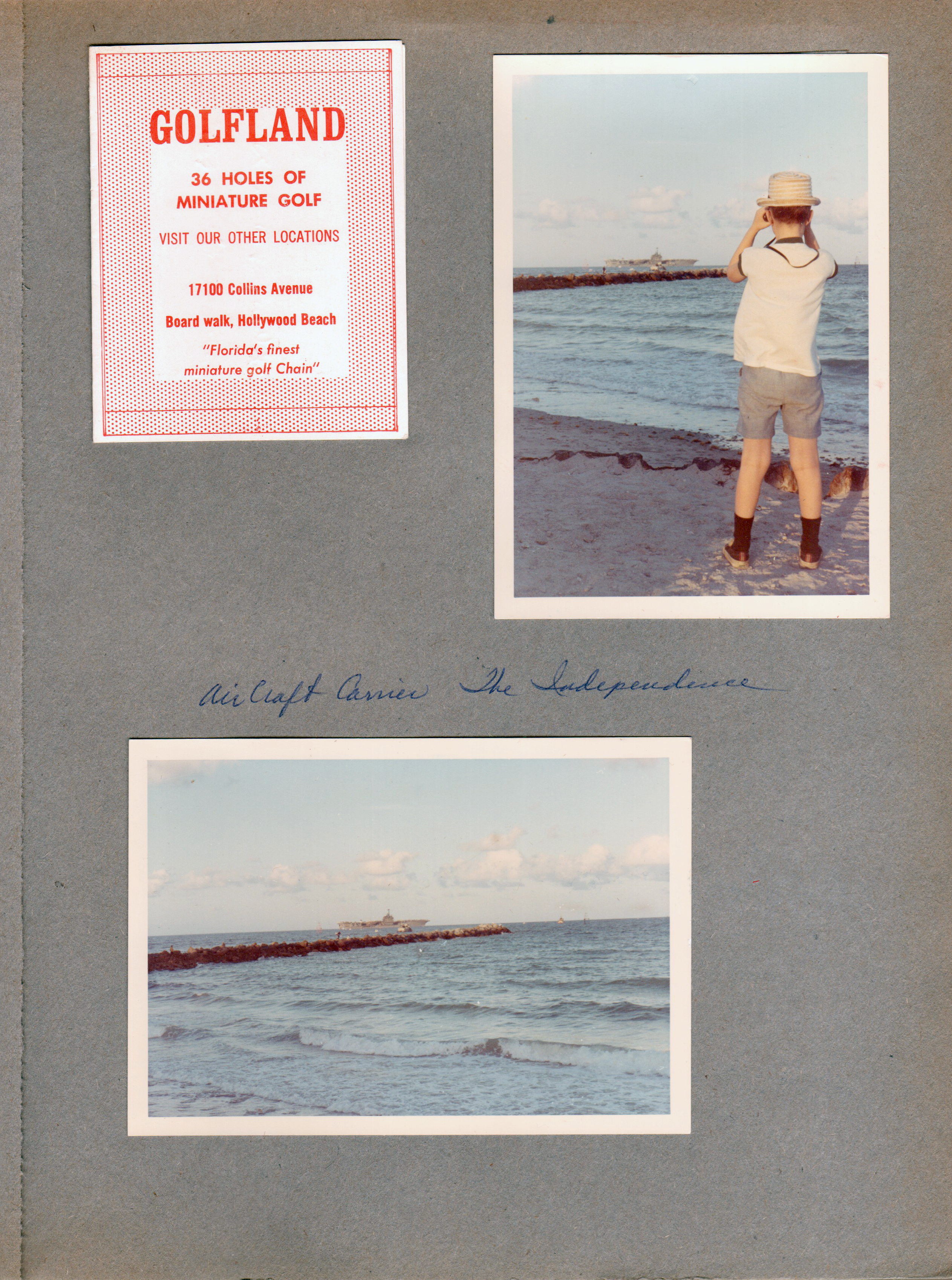 Golfland miniature golf scorecard Johnson Street Hollywood Beach. Alan on beach with binoculars - Aircraft carrier The Independence