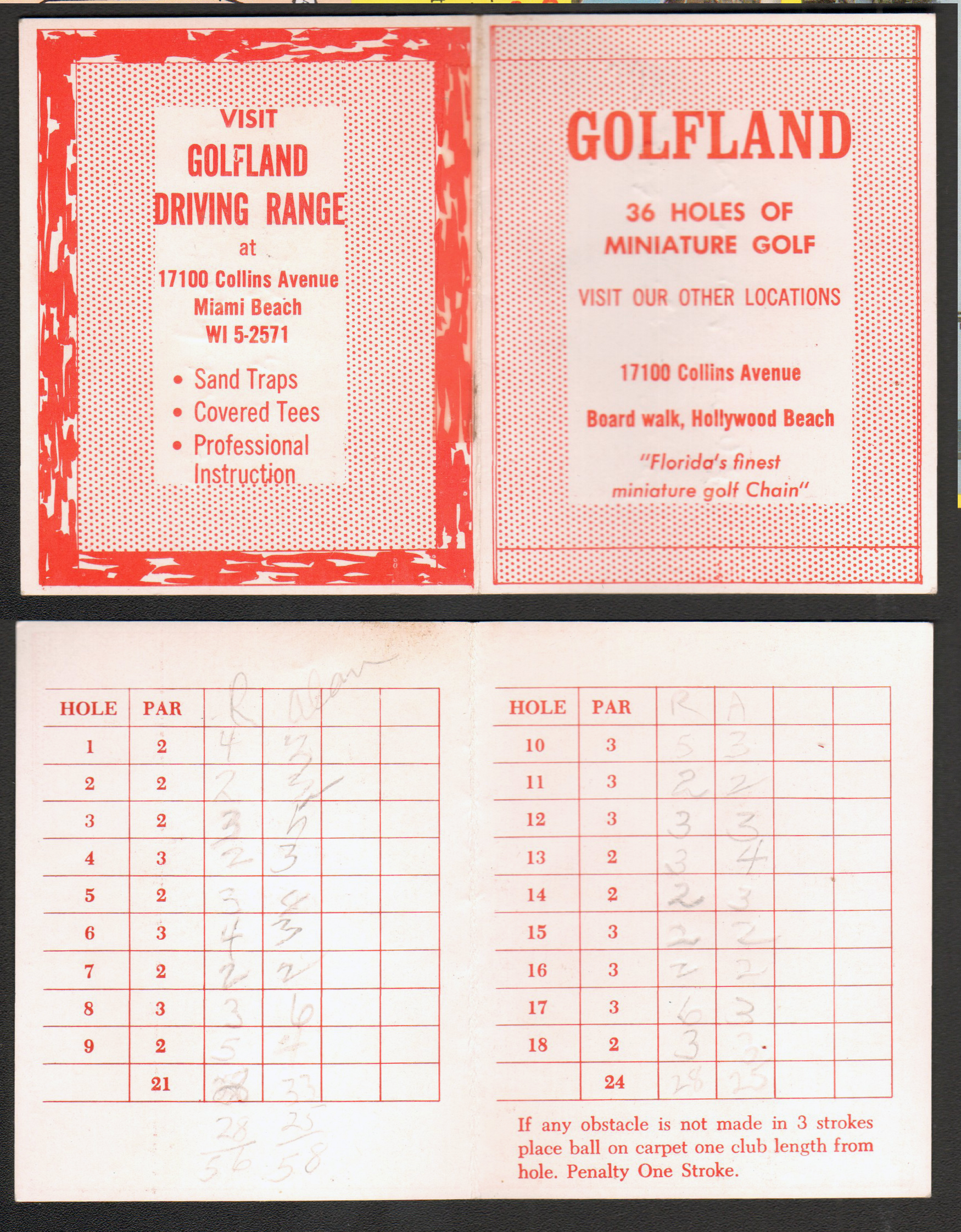 Golfland miniature golf scorecard Johnson Street Hollywood Beach - Rosemary and Alan - says Board walk instead of Broadwalk.