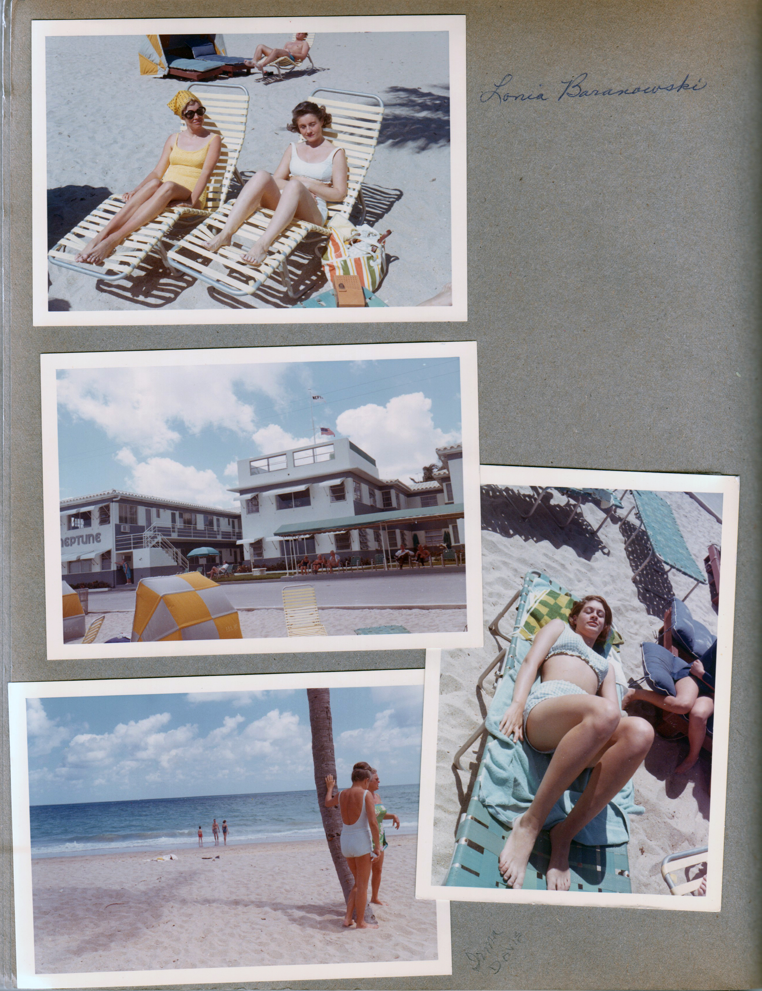 Hollywood Beach - Neptune. Lania (?) Baranowski and Rosemary. Neptune sundeck. Susan on lounge. Irma Davis (owner) by palm tree.