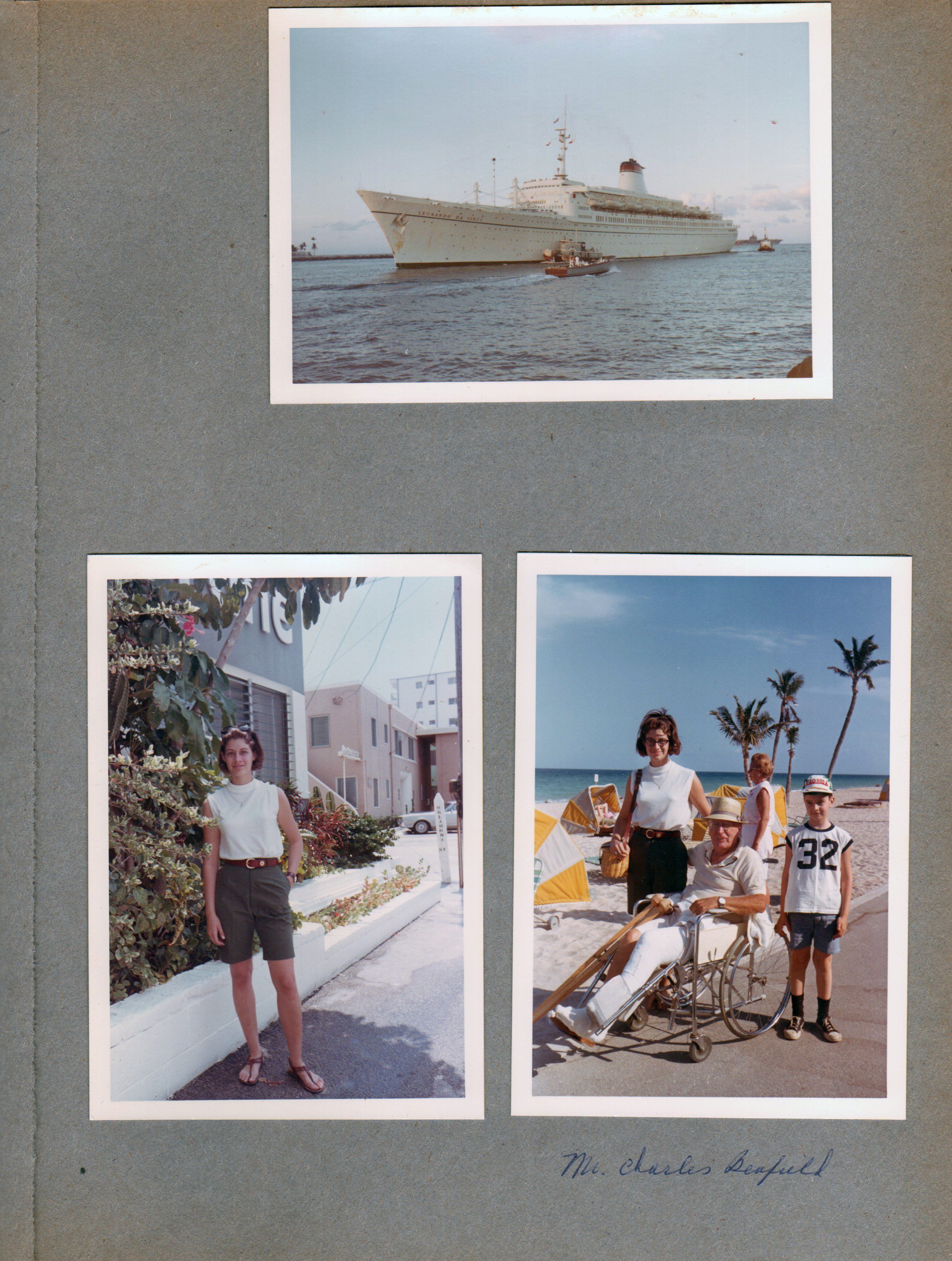 Port Everglades - Leonardo da vinci ship. Hollywood Beach - Neptune - Susan on Surf Road. Susan, Charles Benfield in wheelchair, Alan on broadwalk.