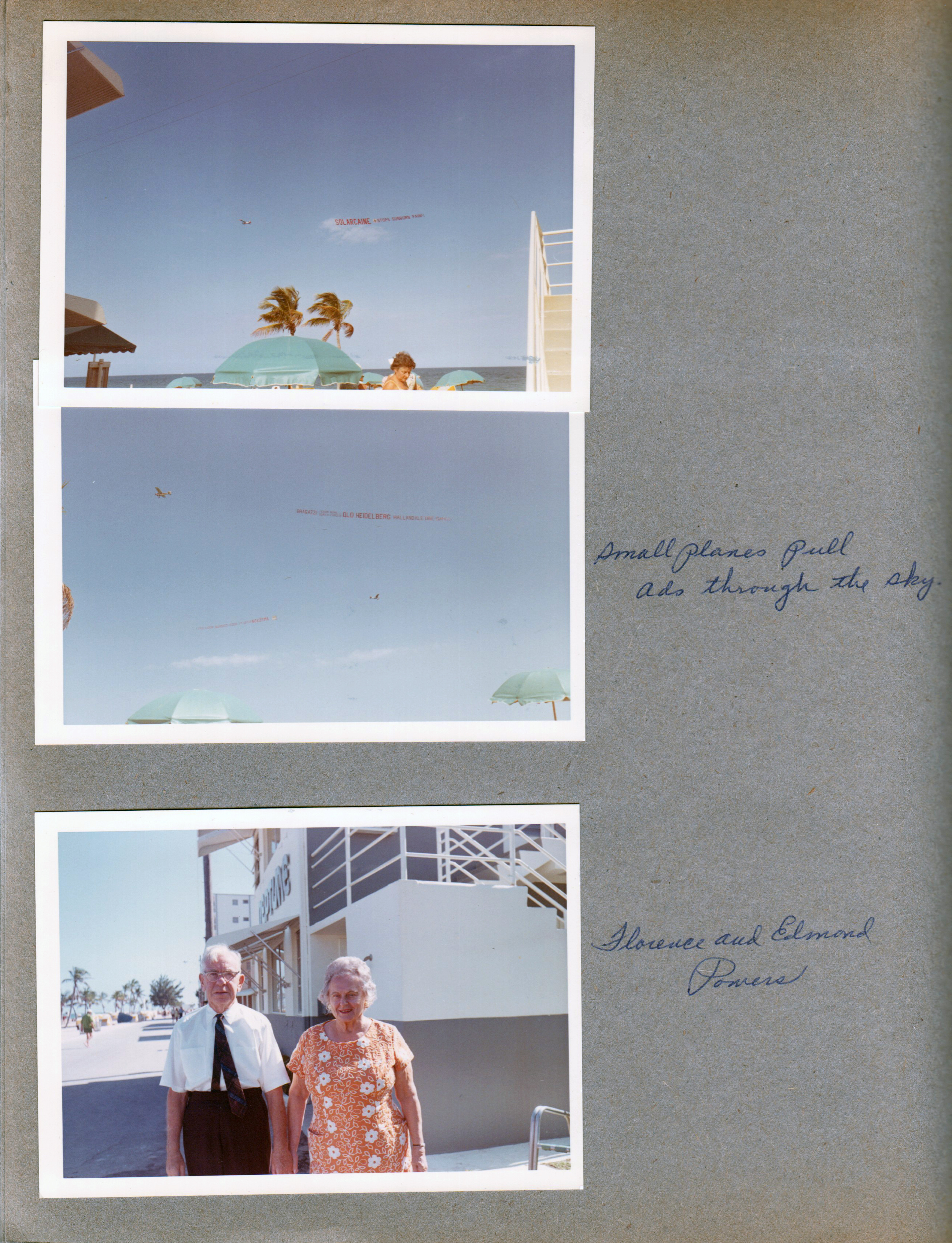 Hollywood Beach - Neptune -  small planes pull ads through the sky - Solarcaine. Florence and Edmond Powers in front.