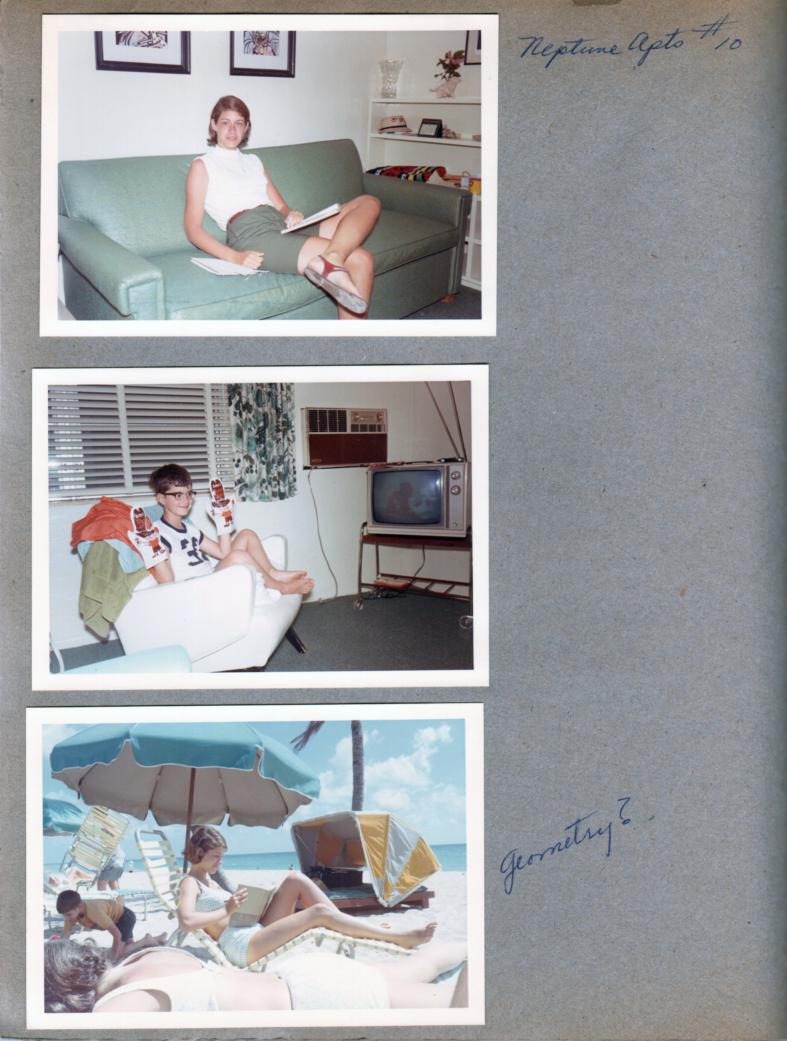 Hollywood Beach - Neptune -  Susan on sofa in apt 10. Alan with Arby's hand puppets watching TV. Susan studying geometry on beach.
