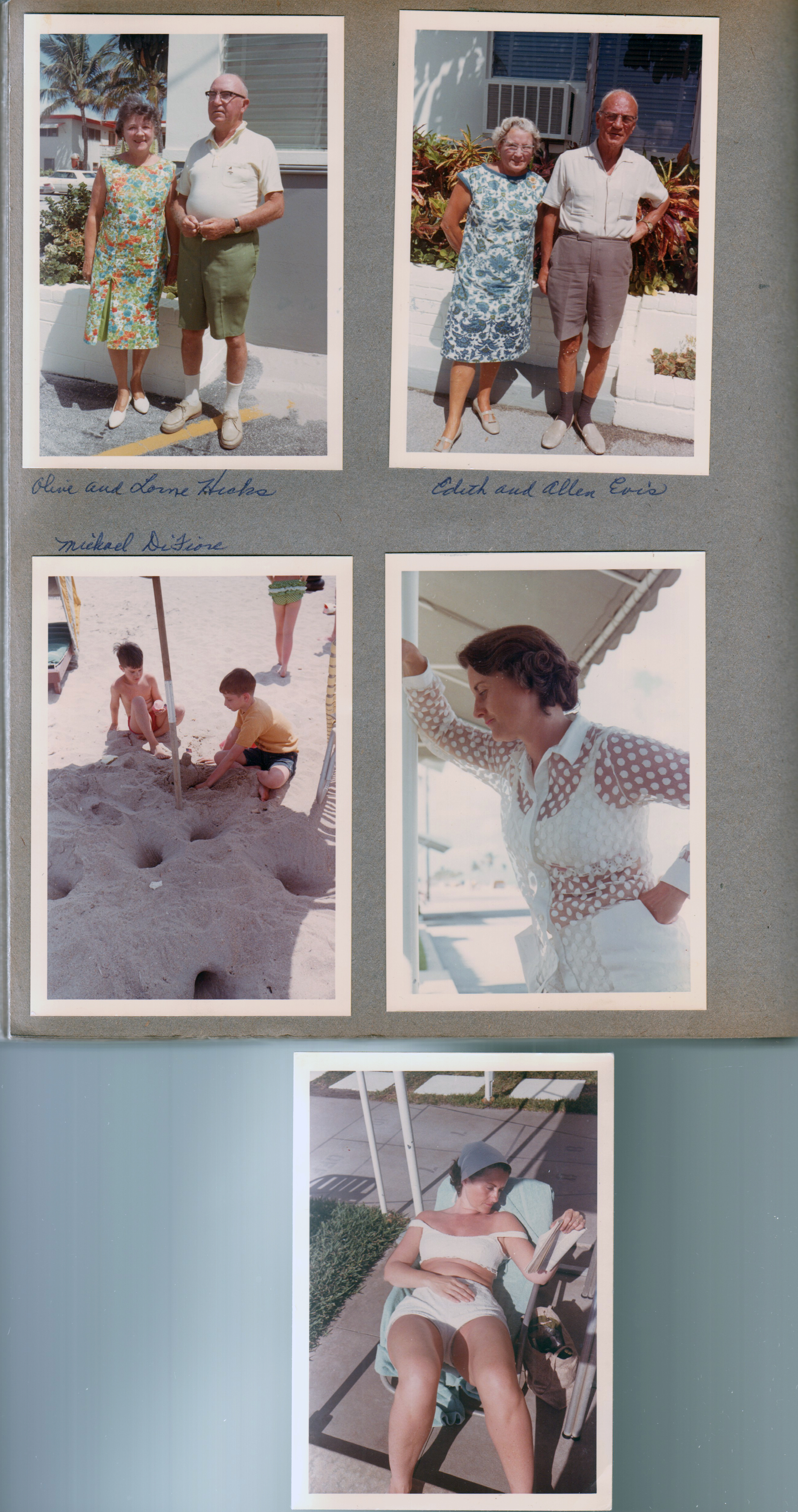 Hollywood Beach - Neptune - Olive and Lorne Hicks. Edit and Allen Evis. Michael DiFiore and Alan in sand. Rosemary under broadwalk side awning.