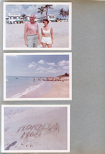 Hollywood Beach - Neptune from beach - man and Rosemary. Jetty on beach. Florida 1968 in sand