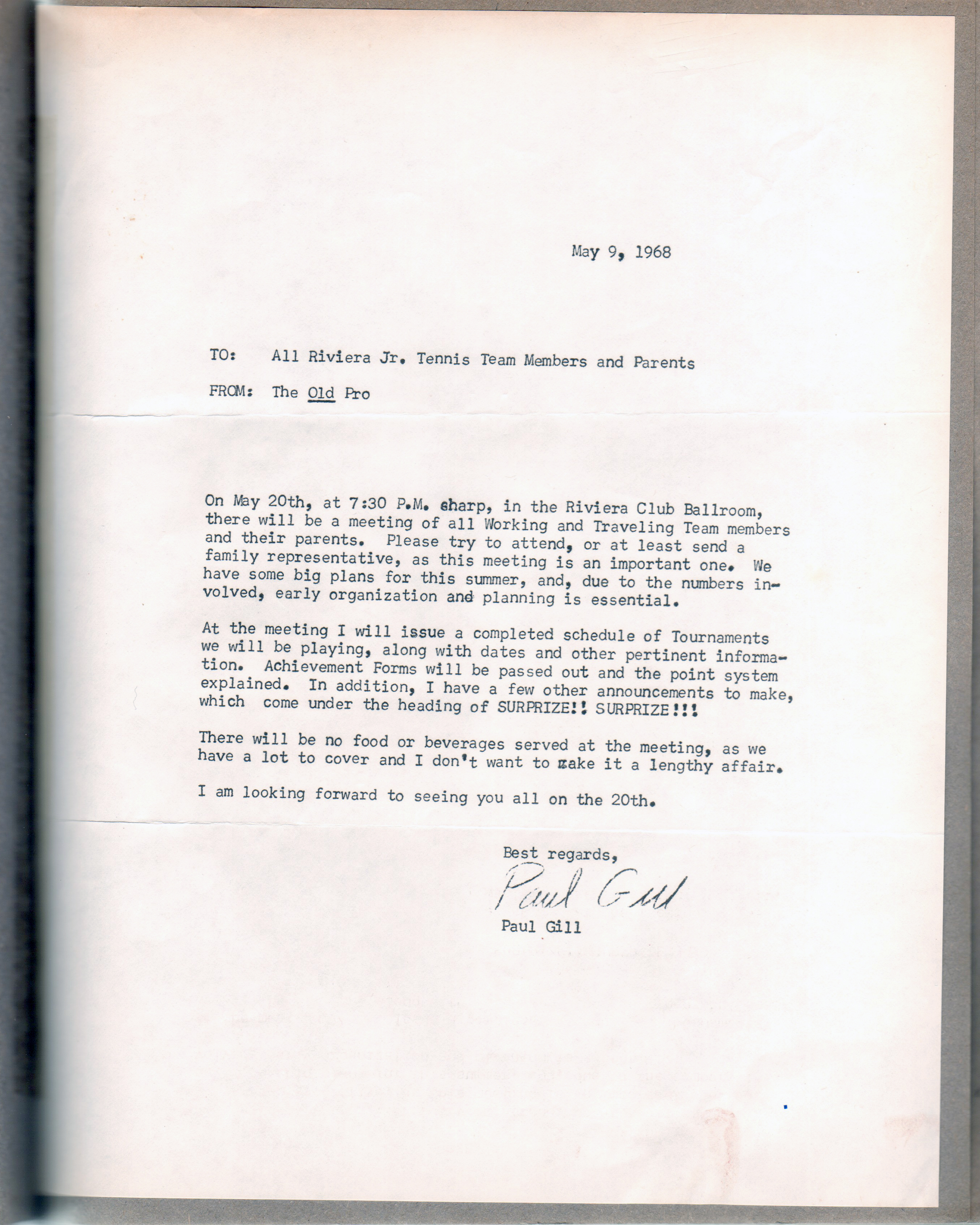 Riviera Club letter from Paul Gill