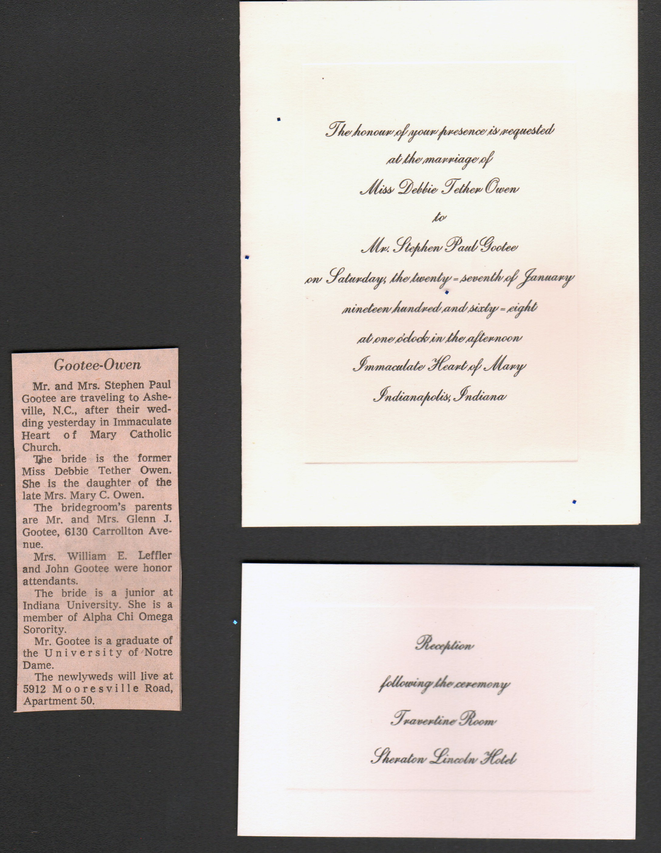 newspaper clipping Stephen Paul Gootee Debbie Owen wedding and invitation