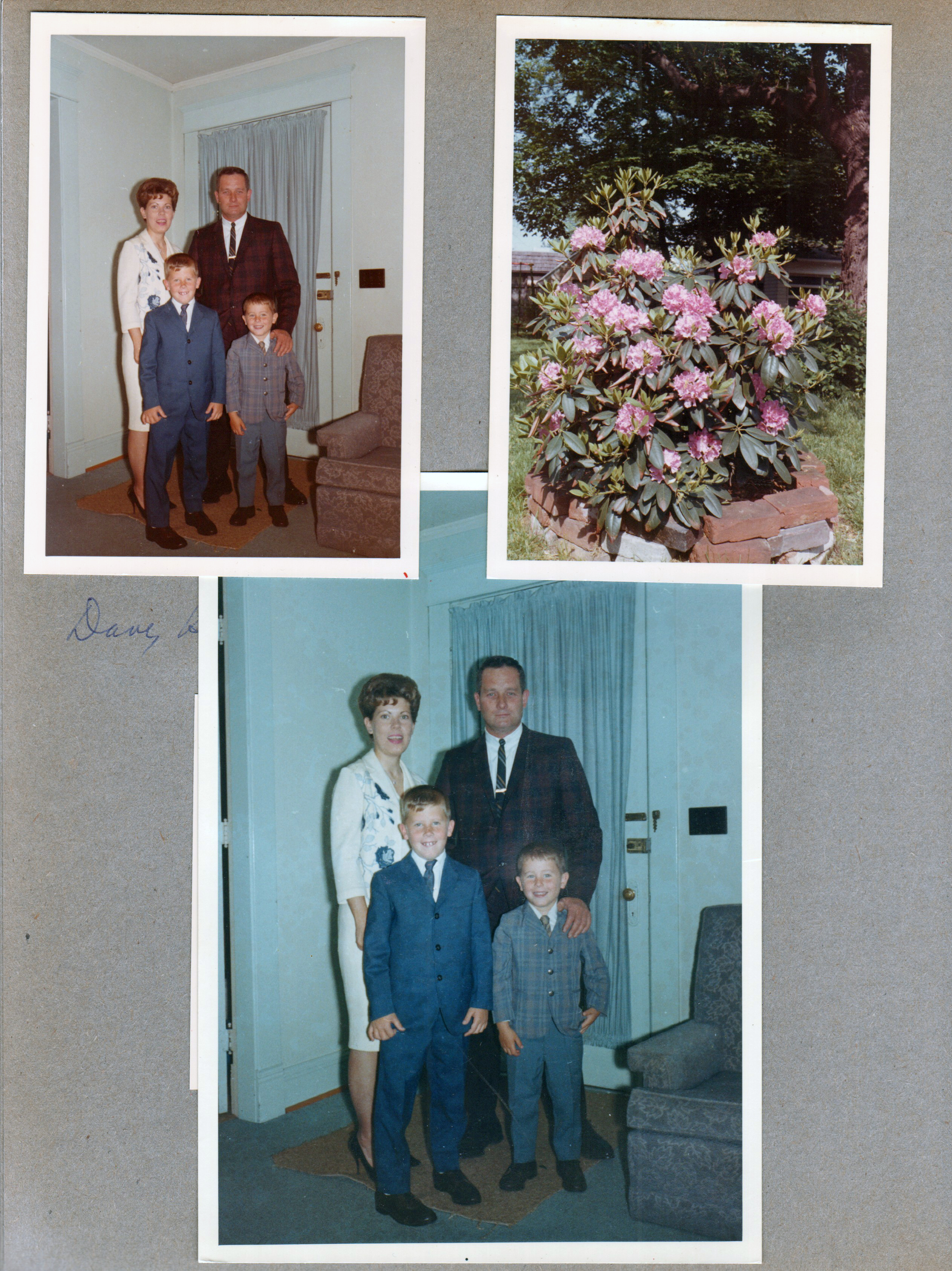 6122 living room - Betty Ronnie Dave Kenny by front door. Rhododendron in yard