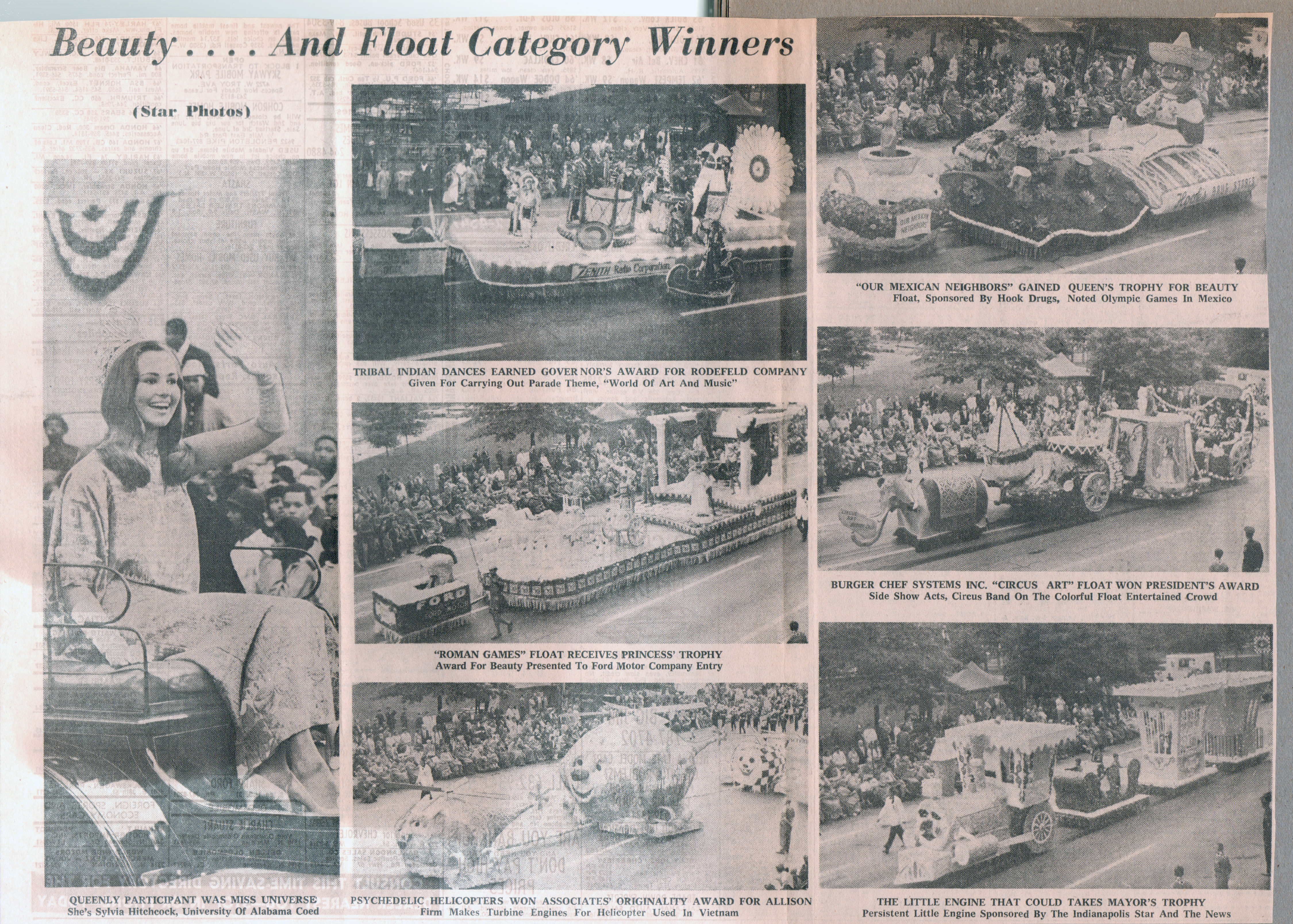 newspaper clipping Miss Universe and 500 float winners