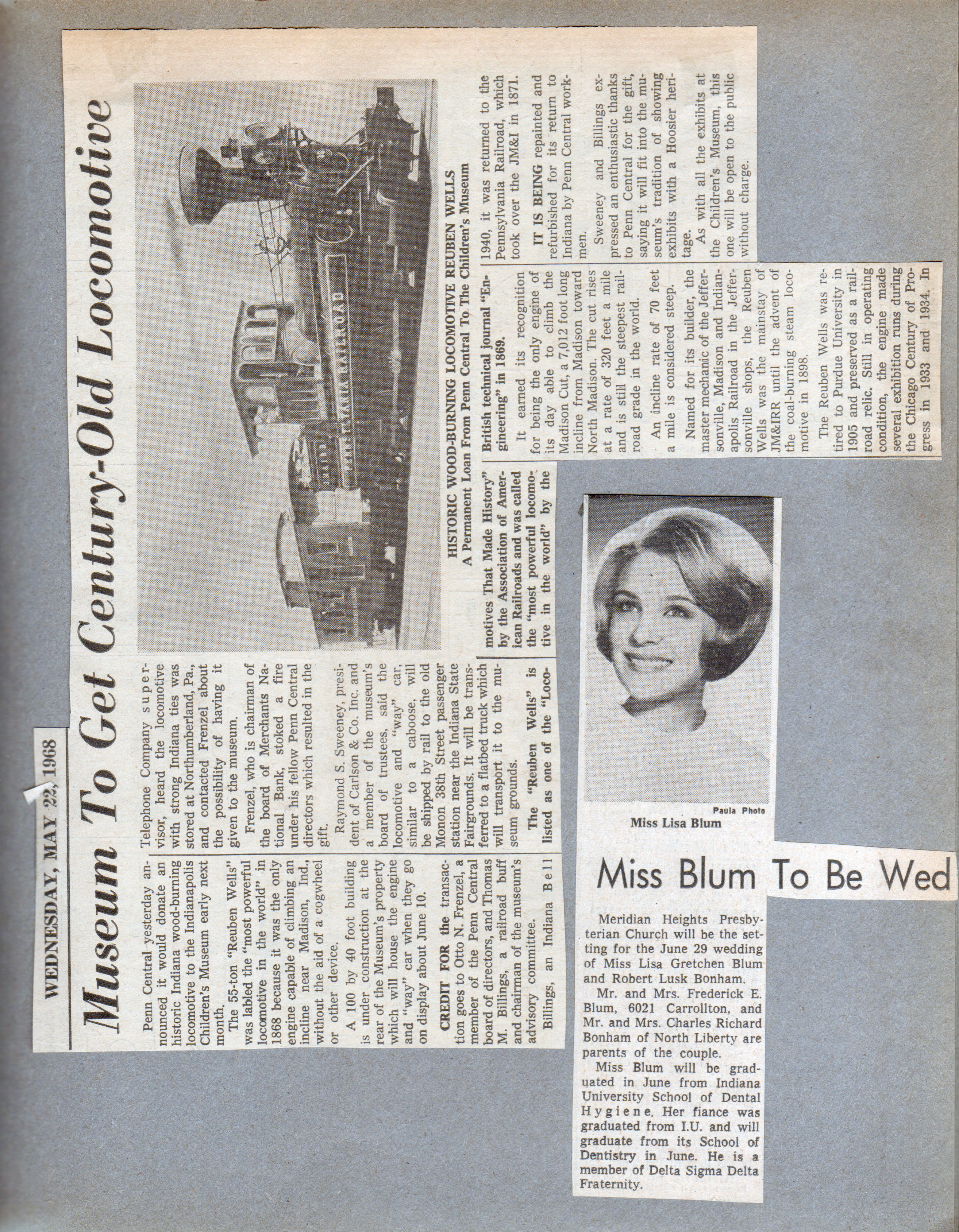 newspaper clipping Children's Museum gets locomotive. Lisa Blum engaged