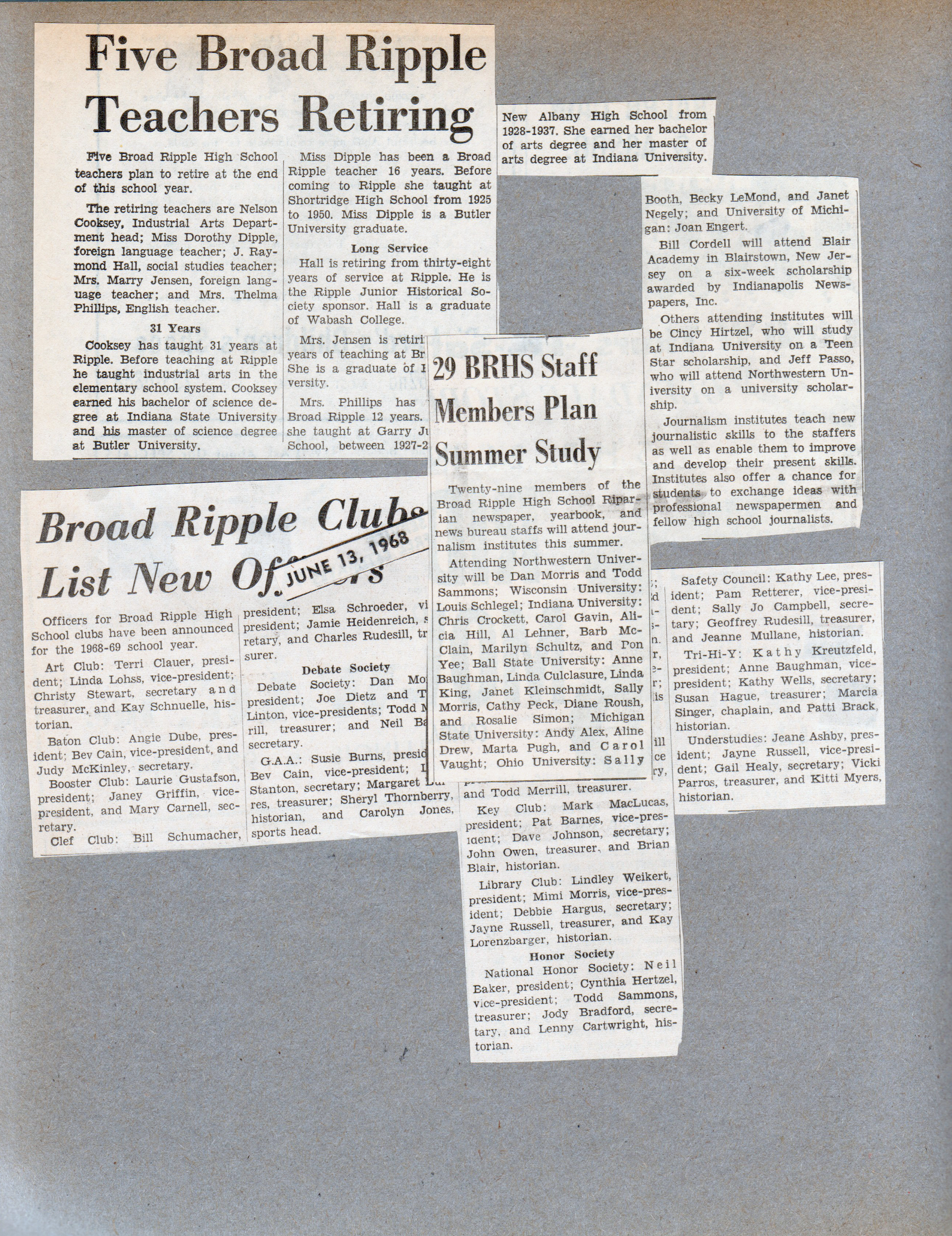 newspaper clipping - 5 BRHS teachers retiring. BRHS clubs. BRHS Riparian staff to study