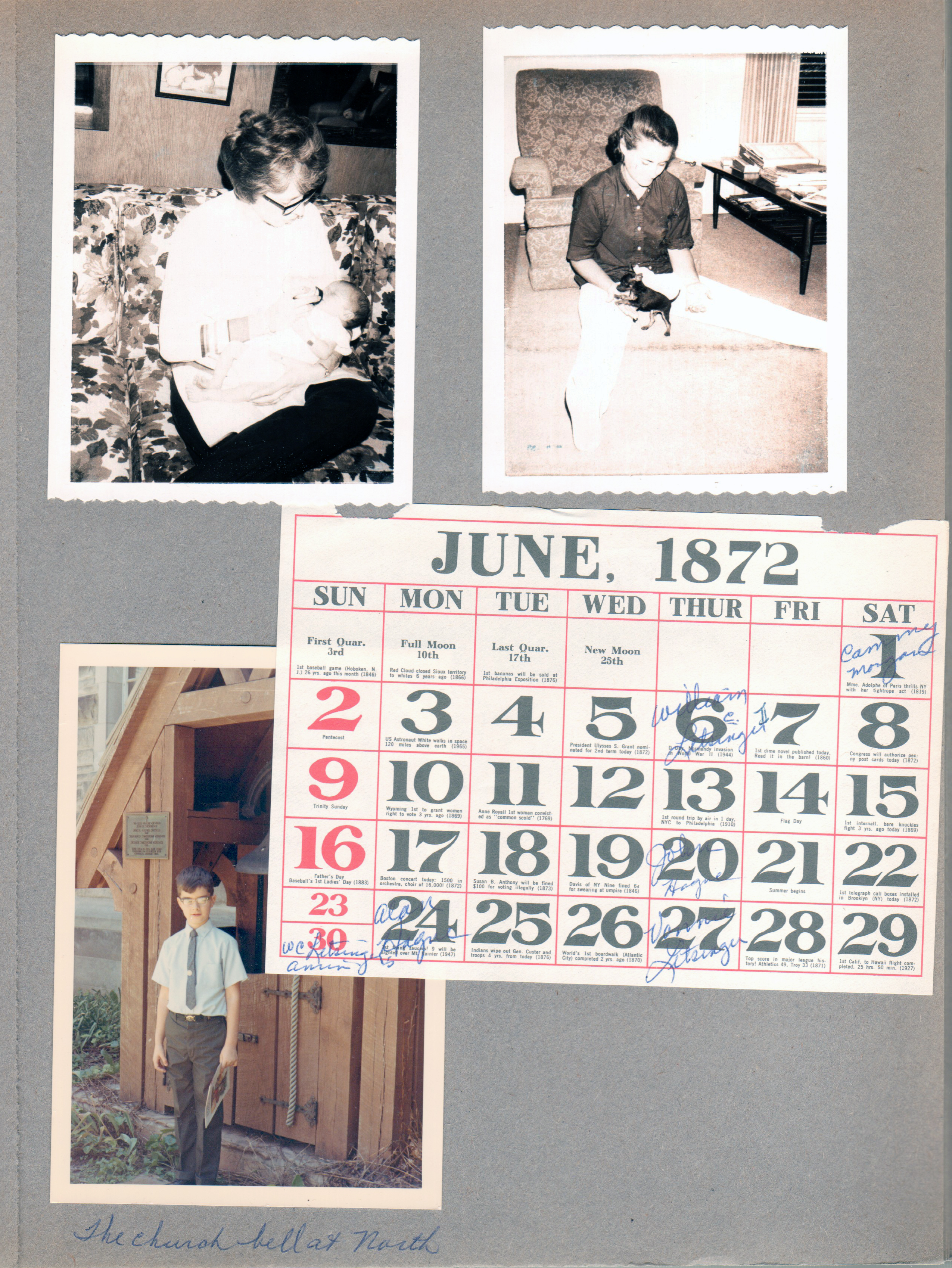Sara and Bill - William Curtis Letsinger II. 6122 living room Rosemary with puppy. Alan at North United Methodist in courtyard by bell. June 1872 calendar page with birthdays.