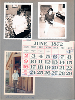 Sara and Bill - William Curtis Letsinger II. 6122 living room Rosemary with puppy. Alan at North United Methodist in courtyard by bell. June 1872 calendar page with birthdays.