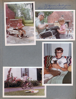 Warren's yard 4010 W Sycamore Lane, Kokomo - Joe with pedal car. Warren. 6122 living room -  Randy Smith with puppy. Alan driveway riding Stingray, Jarts in yard.